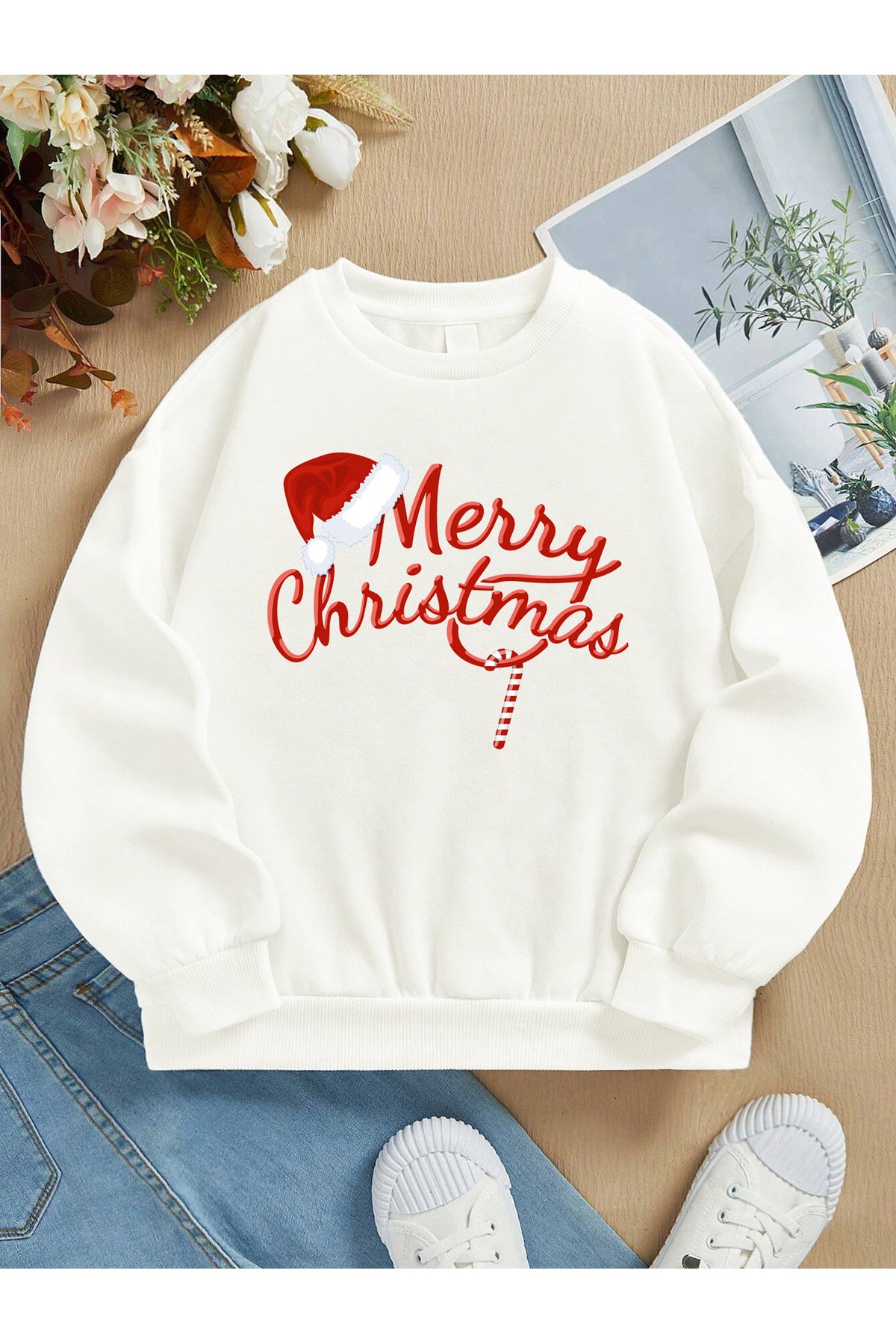 Kadın Merry Christmas Baskılı Oversize Sweatshirt