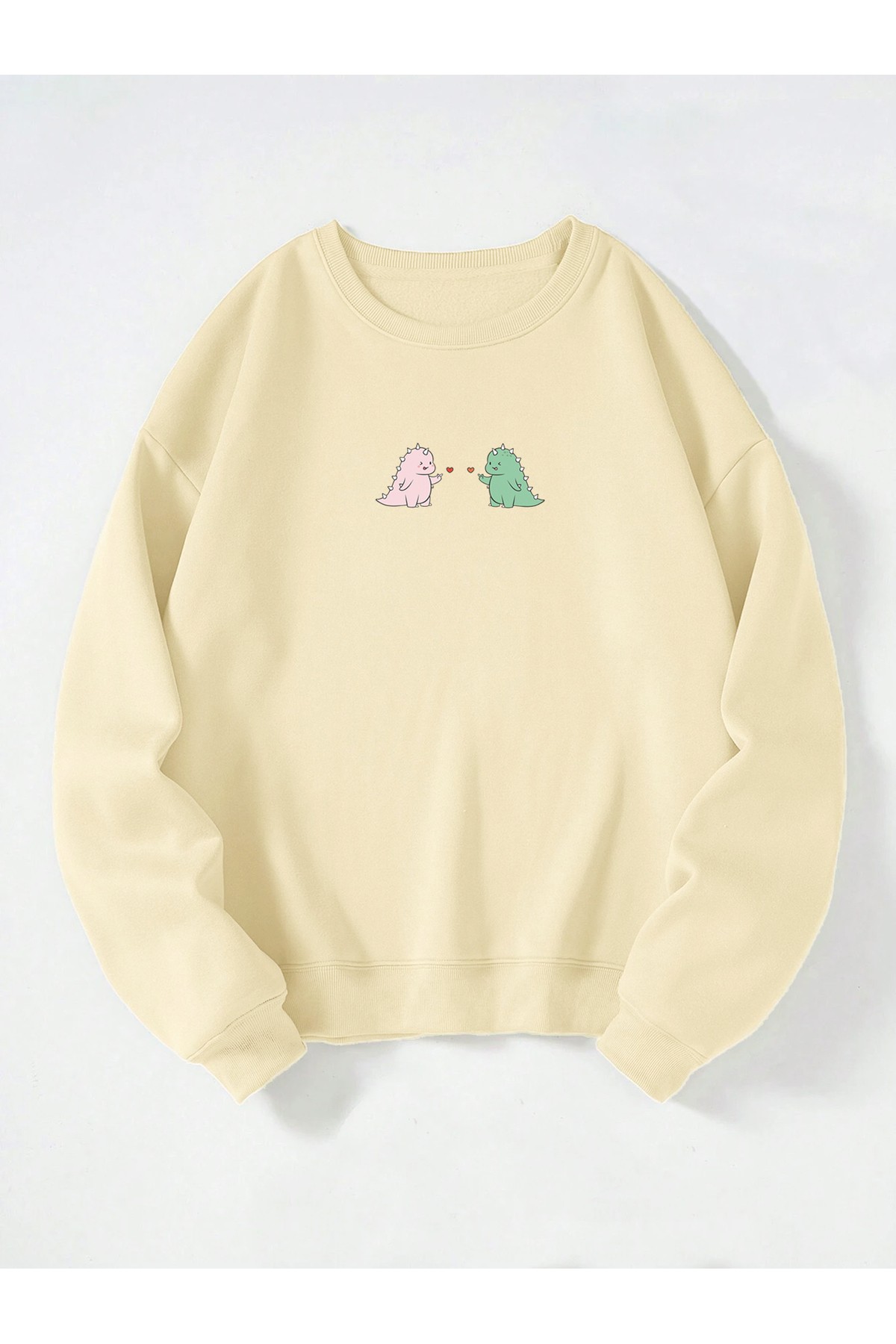 Unisex Bisiklet Yaka Lovely Dino Baskılı Oversize Salaş Kesim Polar Sweatshirt