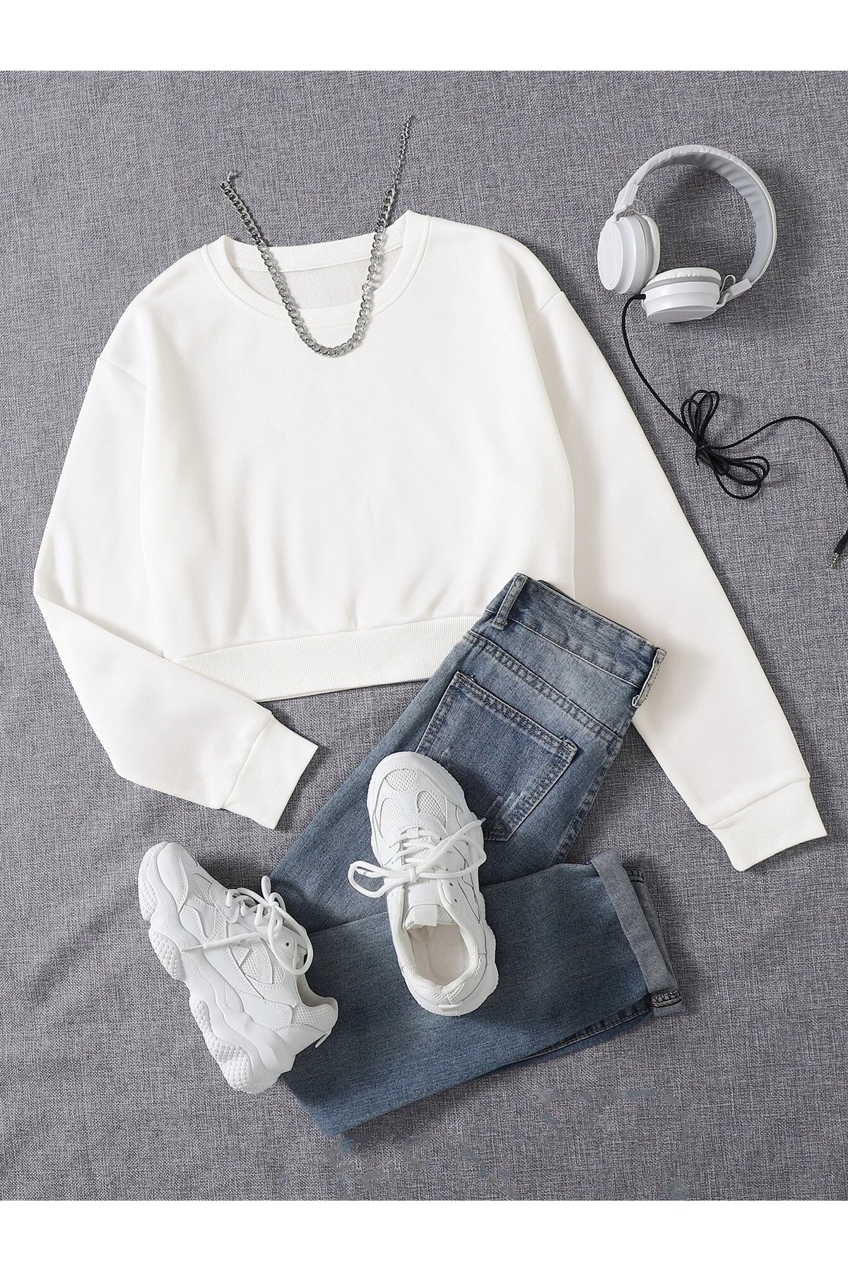 Kadın Basic Crop İçi Polarlı Oversize Sweatshirt