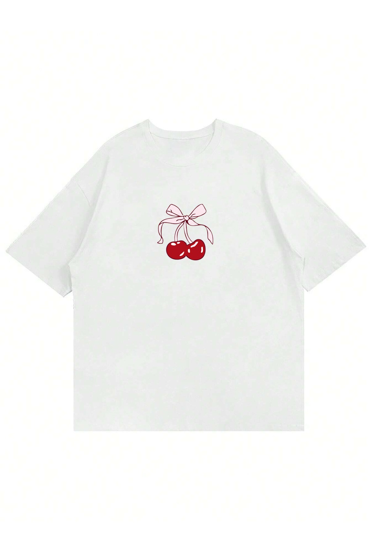 Unisex Bisiklet Yaka Cherries Baskılı Oversize T-shirt - beyaz