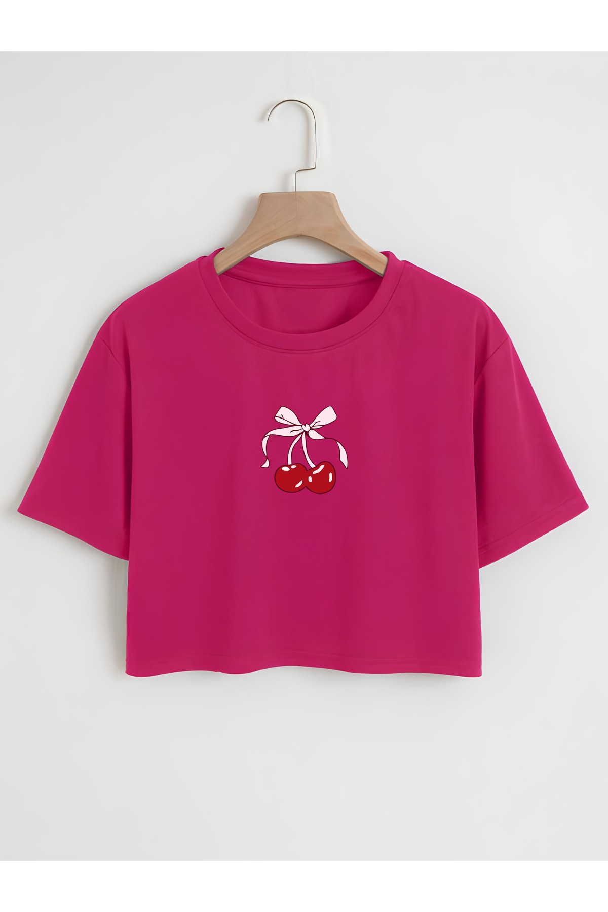 Kadın Oversize Bisiklet Yaka Cherries Baskılı Crop T-shirt - fuşya