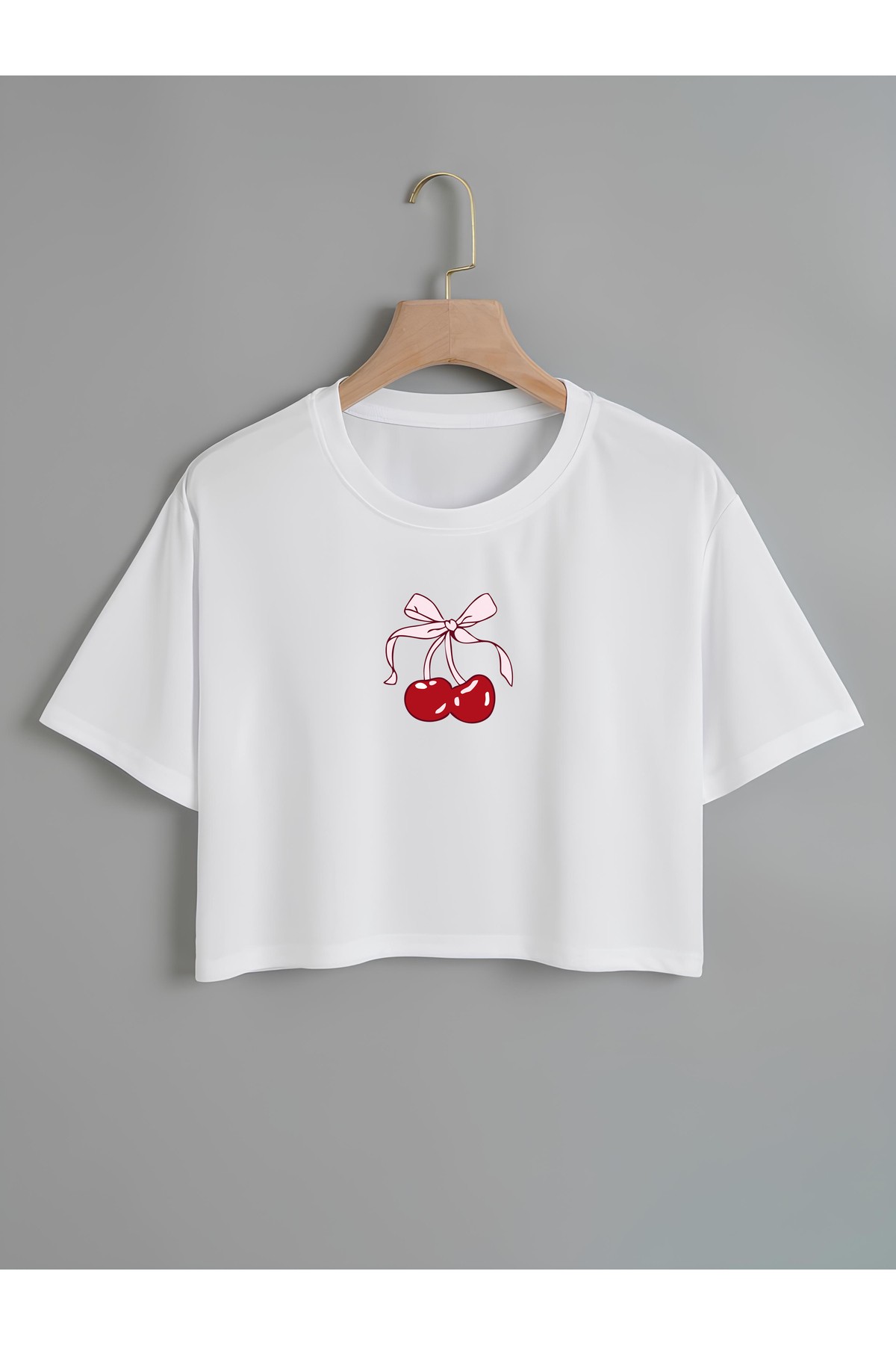 Kadın Oversize Bisiklet Yaka Cherries Baskılı Crop T-shirt - beyaz