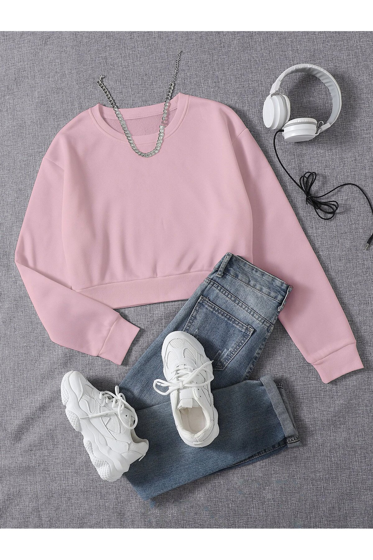 Kadın Basic Crop İçi Polarlı Oversize Sweatshirt