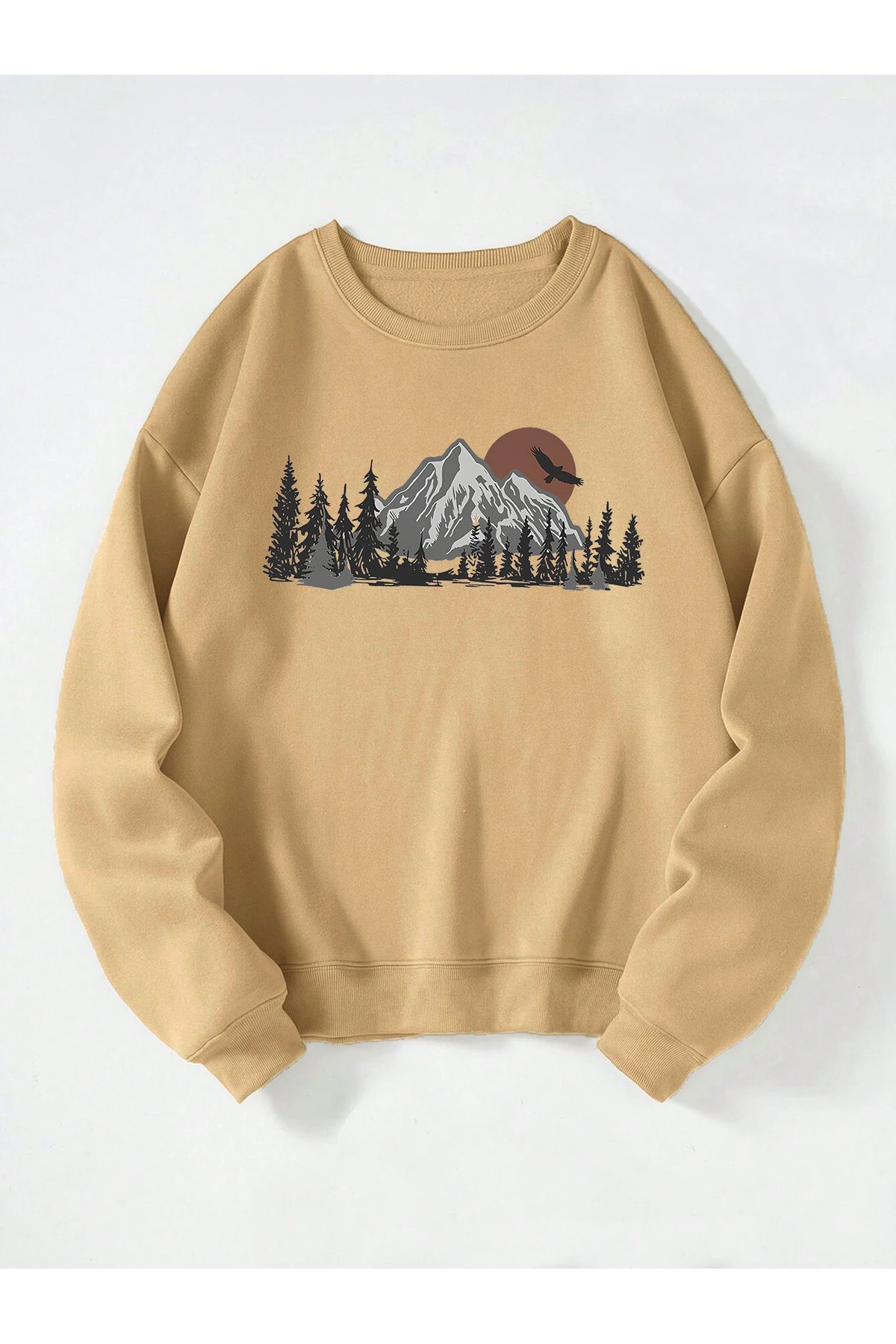 Unisex Bisiklet Yaka Mountain Baskılı Oversize Salaş Kesim Polar Sweatshirt