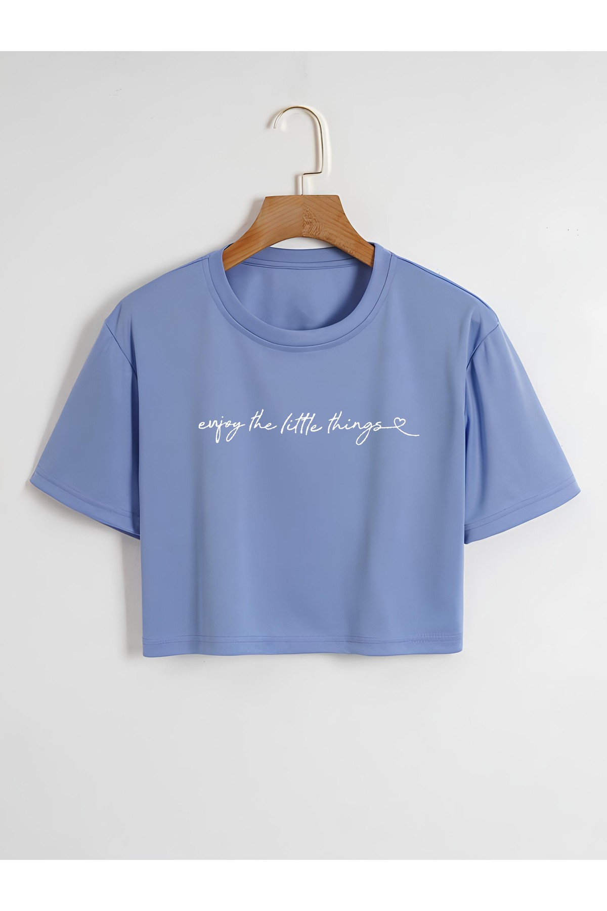 Kadın Bisiklet Yaka Enjoy Little Things Baskılı Oversize Crop T-shirt - mavi