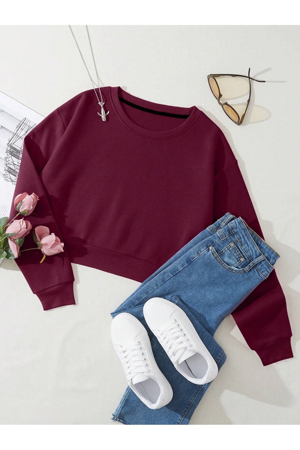 Kadın Basic Crop İçi Polarlı Oversize Sweatshirt