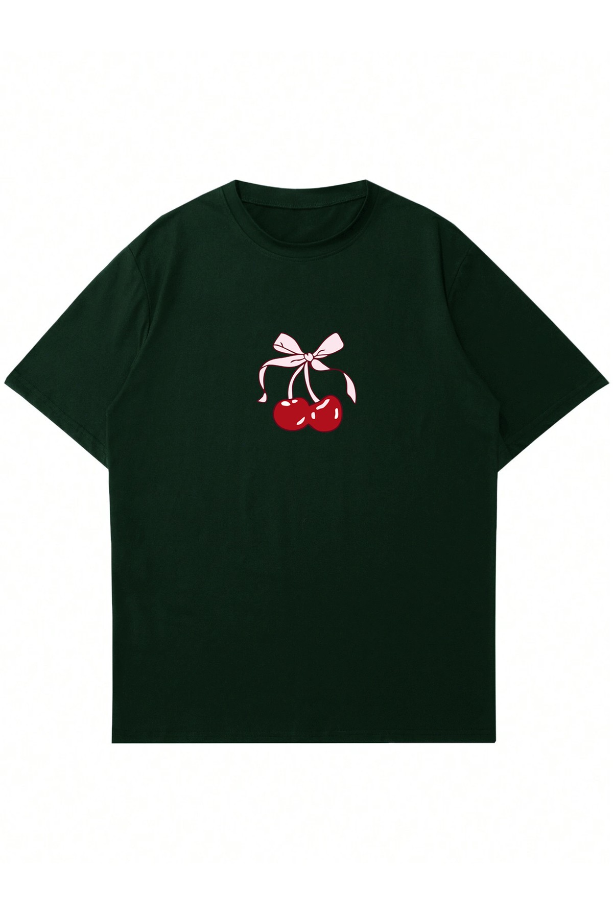 Unisex Bisiklet Yaka Cherries Baskılı Oversize T-shirt - yeşil