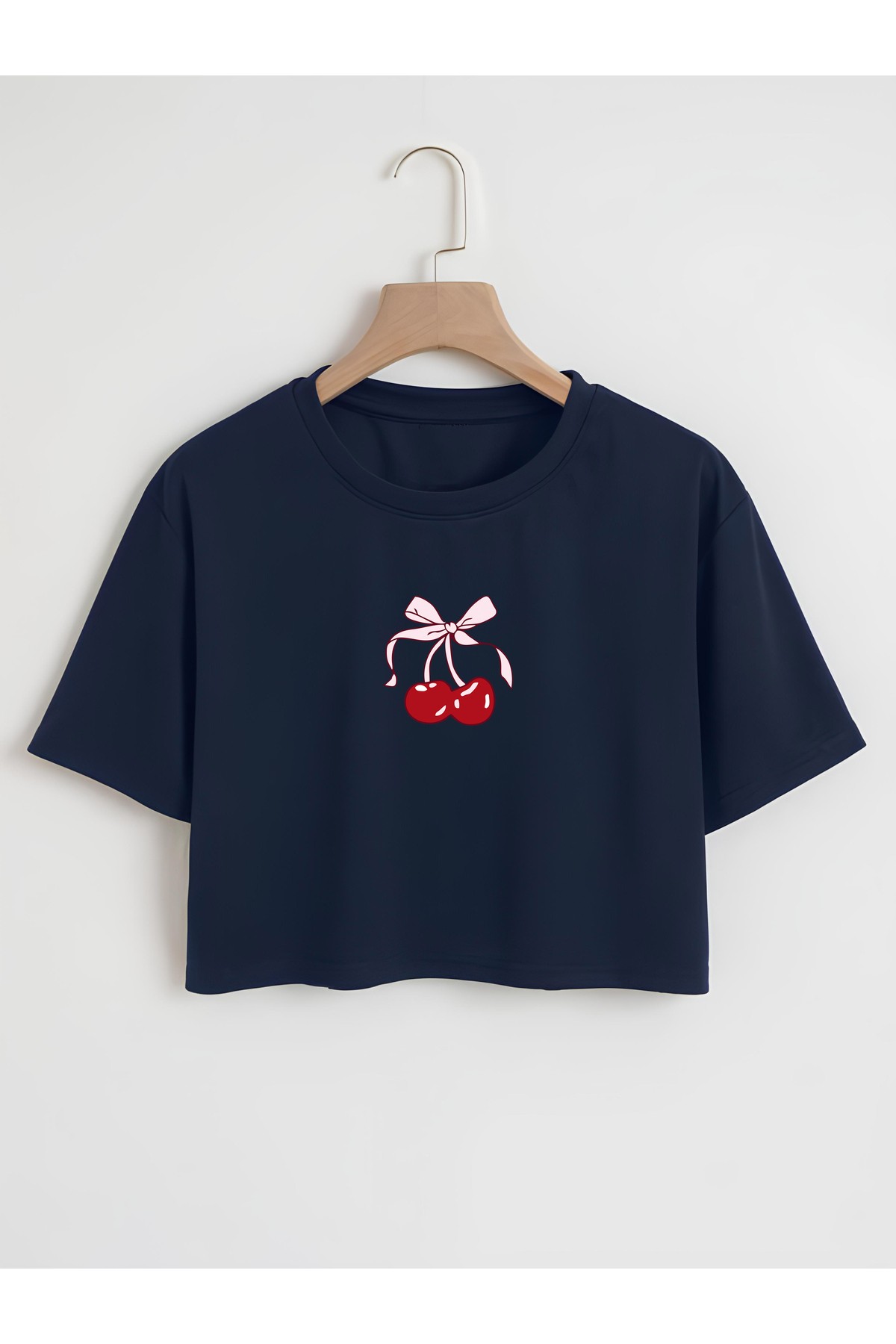 Kadın Oversize Bisiklet Yaka Cherries Baskılı Crop T-shirt - lacivert