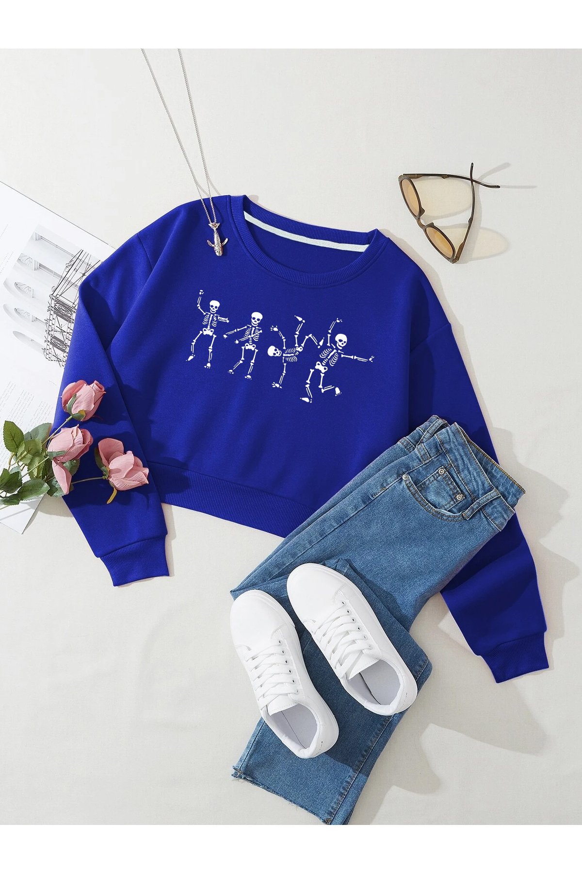 Kadın İskelet Baskılı Crop İçi Polarlı Oversize Sweatshirt