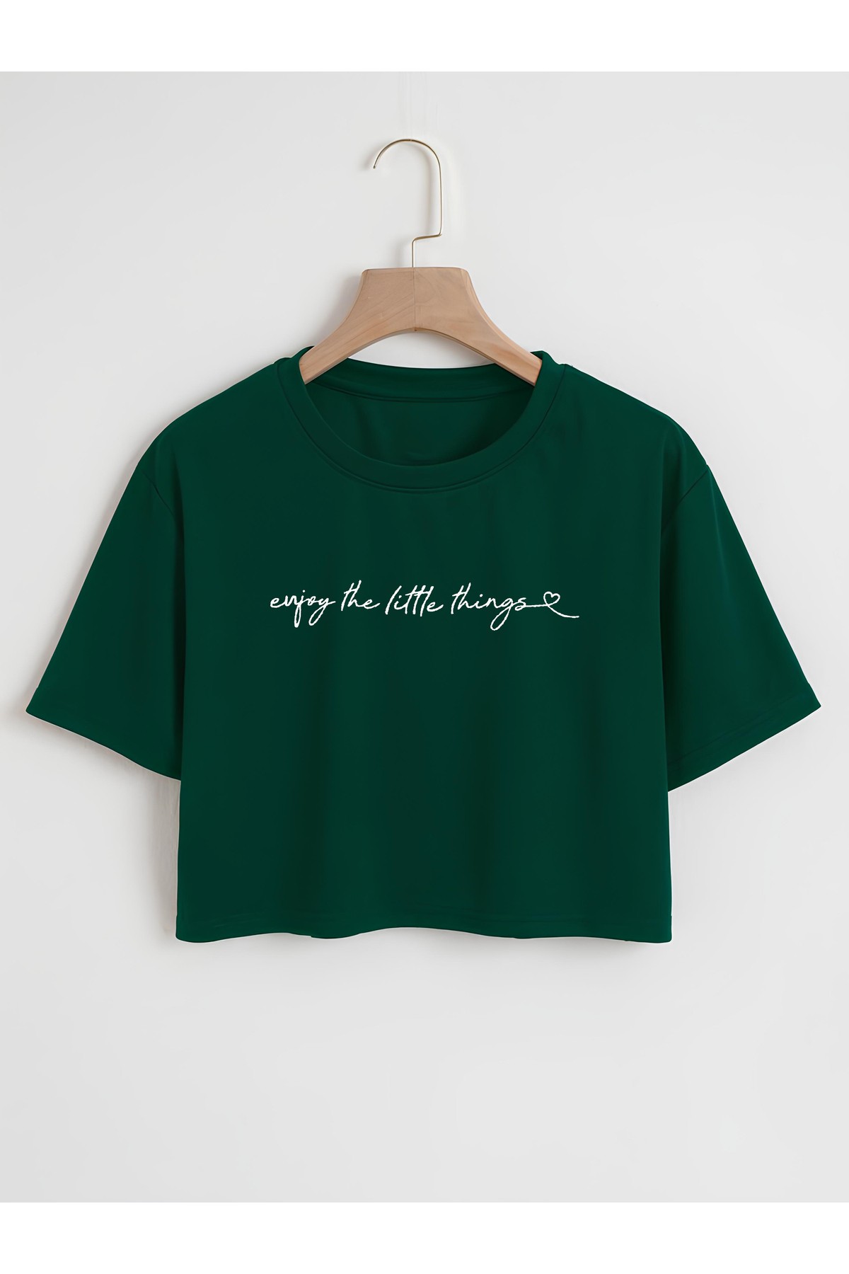 Kadın Bisiklet Yaka Enjoy Little Things Baskılı Oversize Crop T-shirt - yeşil