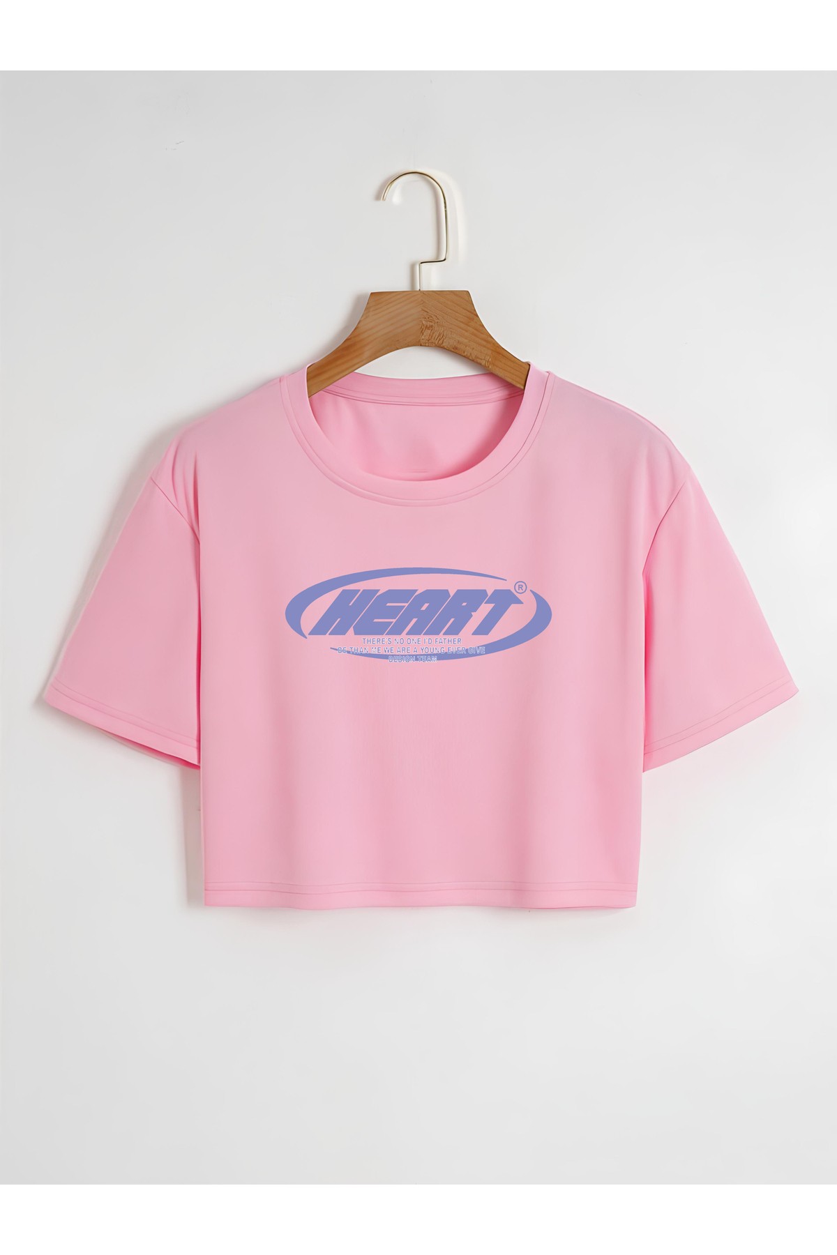 Kadın Oversize Bisiklet Yaka Heart Baskılı Crop T-shirt - pembe