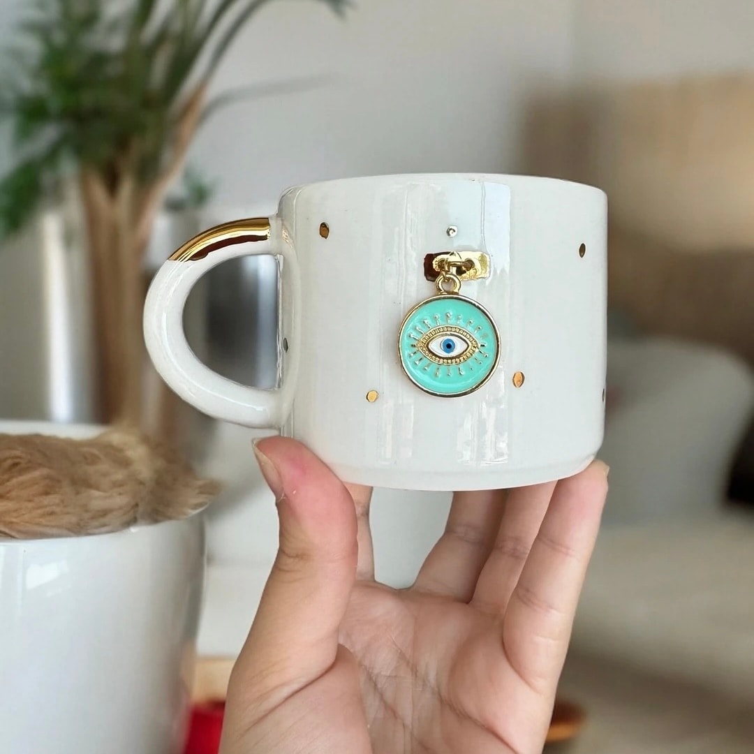 Mint Green Handmade Ceramic Mug with Evil Eye Charm
