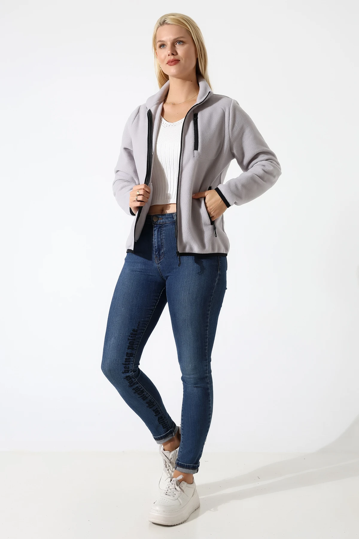 Gri Anti pilling Tüylenmez Polar Fermuarlı Kadın Polar Hırka