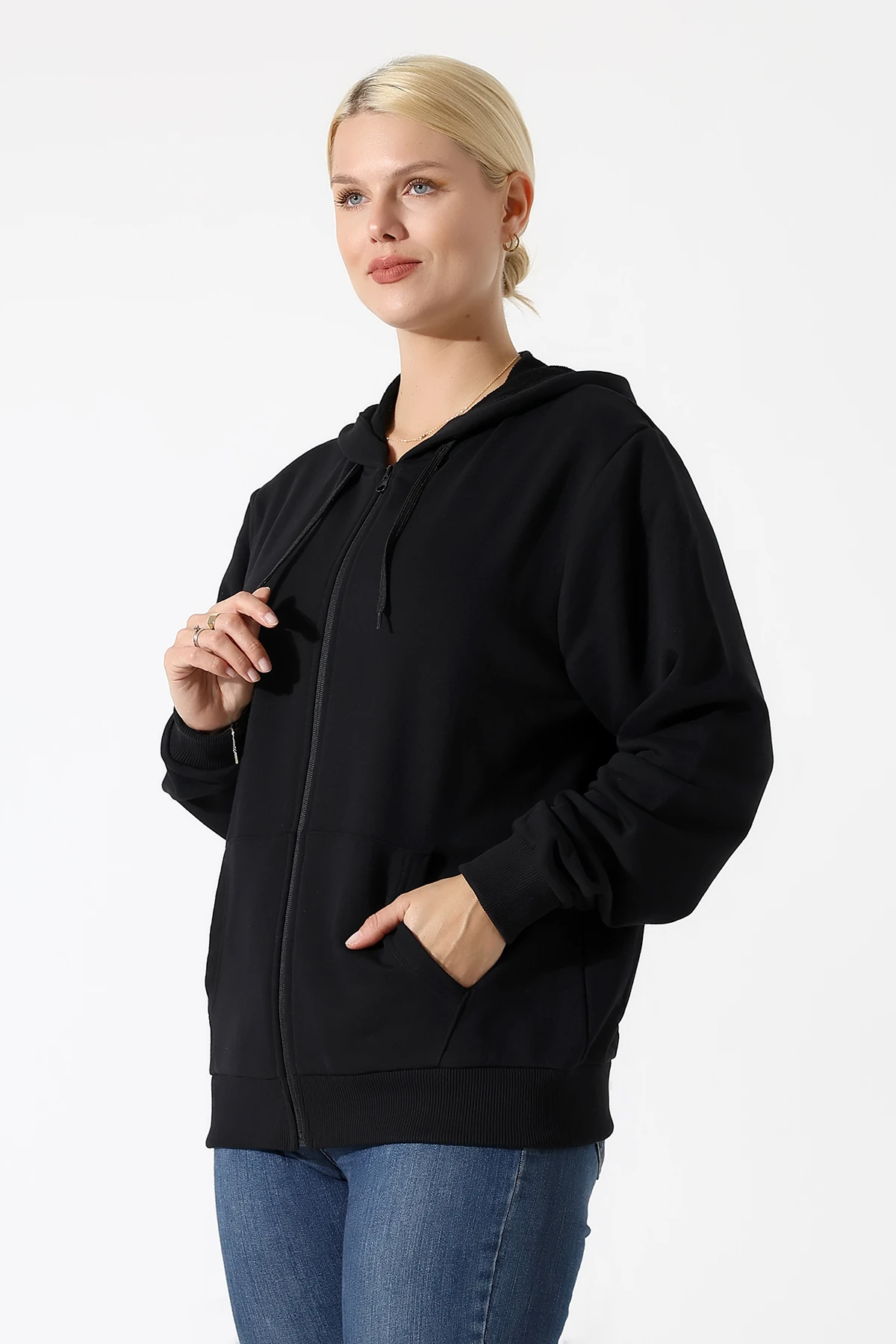  Su Geçirmez Çantalı Siyah Kapşonlu Fermuarlı Kadın Hırka