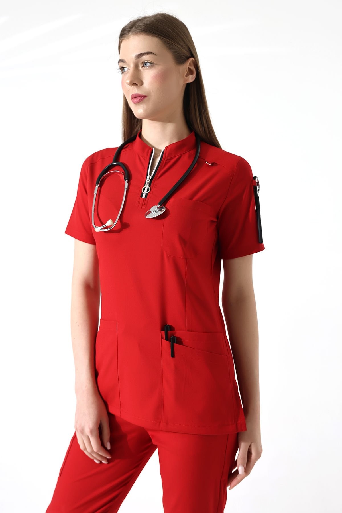 KIRMIZI LİKRALI DOKTOR HEMŞİRE FORMASI