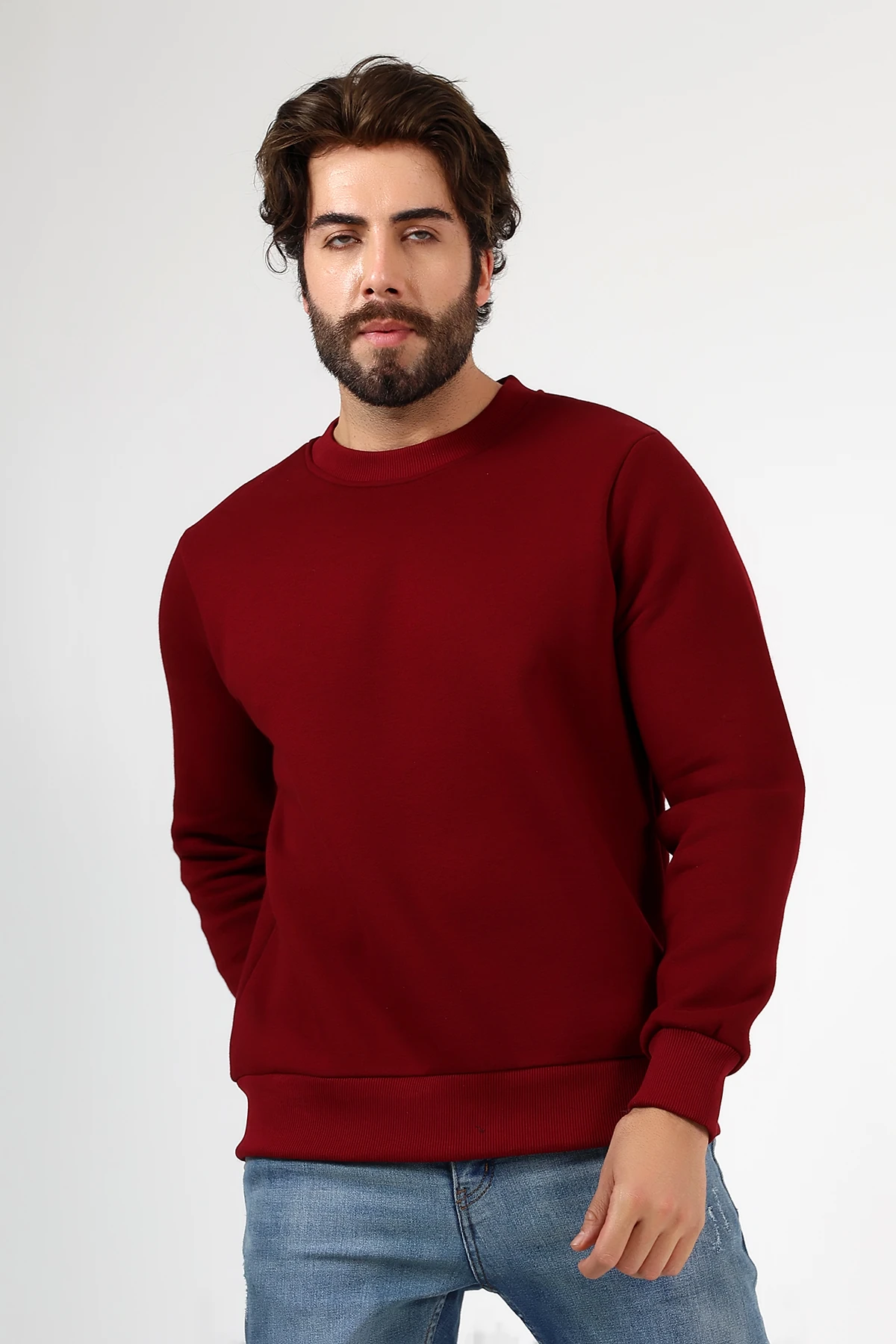 Bordo Erkek Basic Swetshirt Üç İplik Sweat