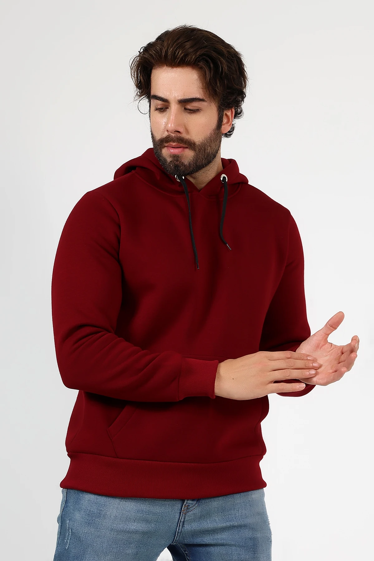 Bordo Kapşonlu Erkek Sweat Çantalı Beduca Sweat