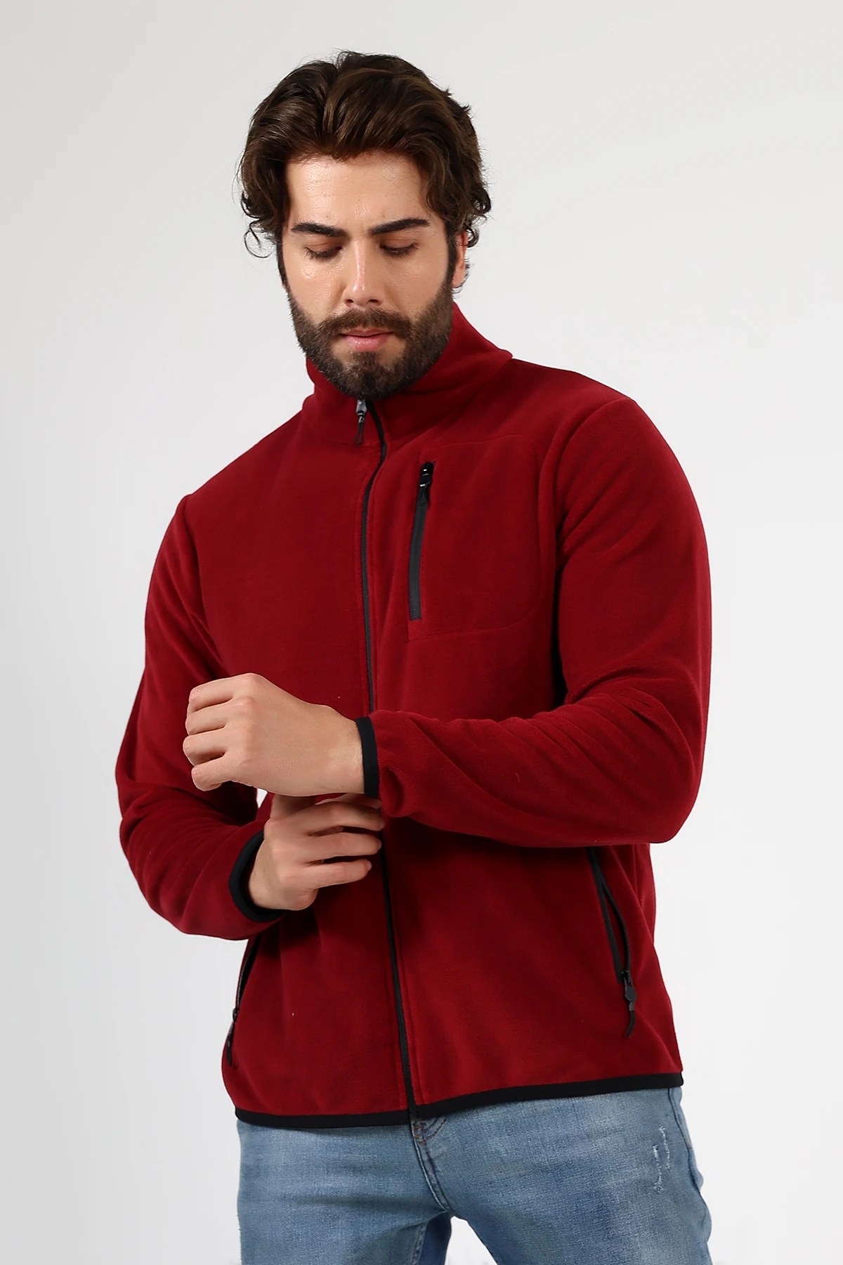 Bordo Fermuarlı Erkek Polar Hırka Anti pilling Tüylenmez Polar