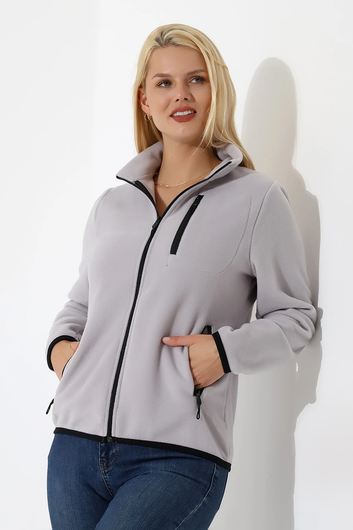 Gri Anti pilling Tüylenmez Polar Fermuarlı Kadın Polar Hırka