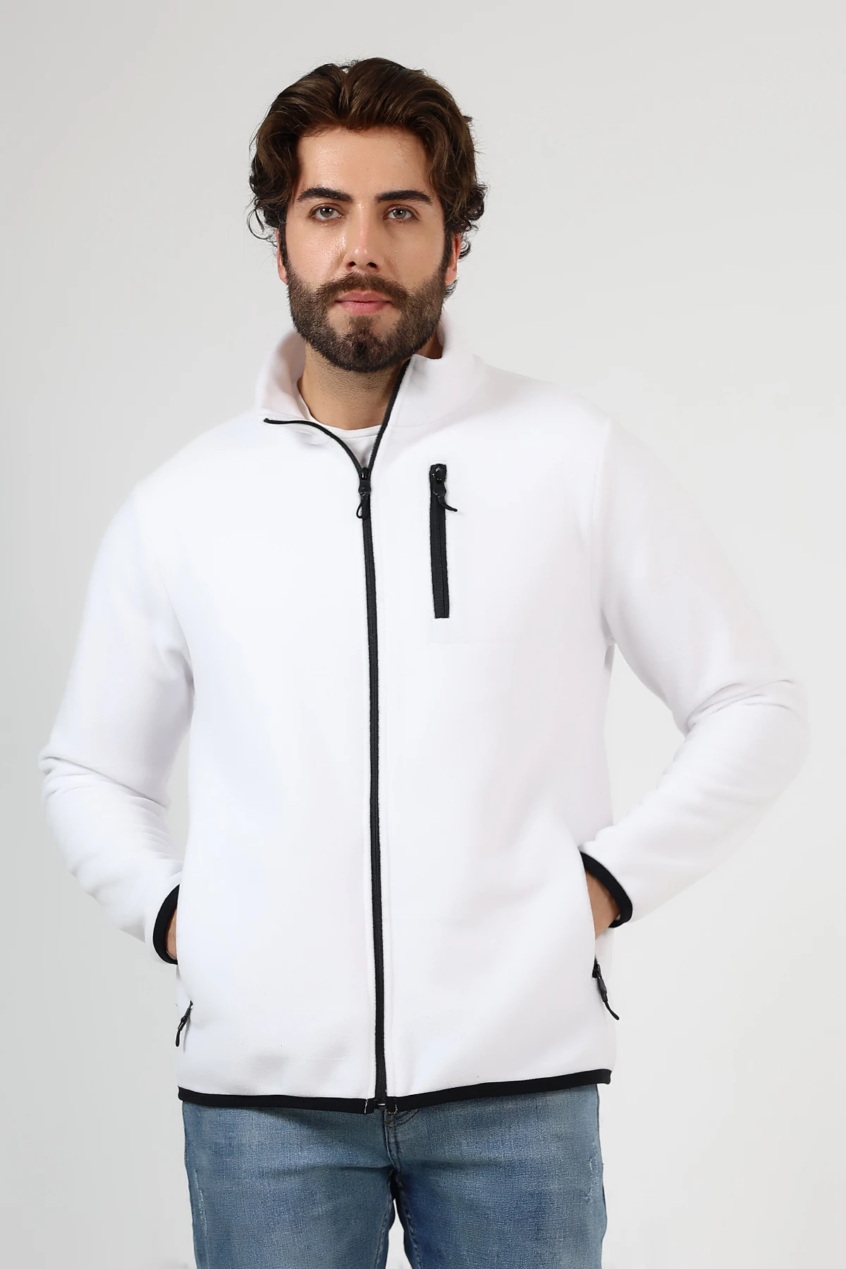 Beyaz Fermuarlı Erkek Polar Hırka 