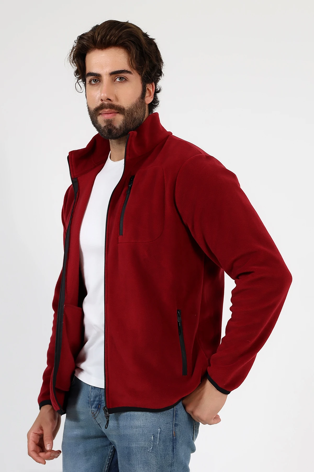Bordo Fermuarlı Erkek Polar Hırka Anti pilling Tüylenmez Polar