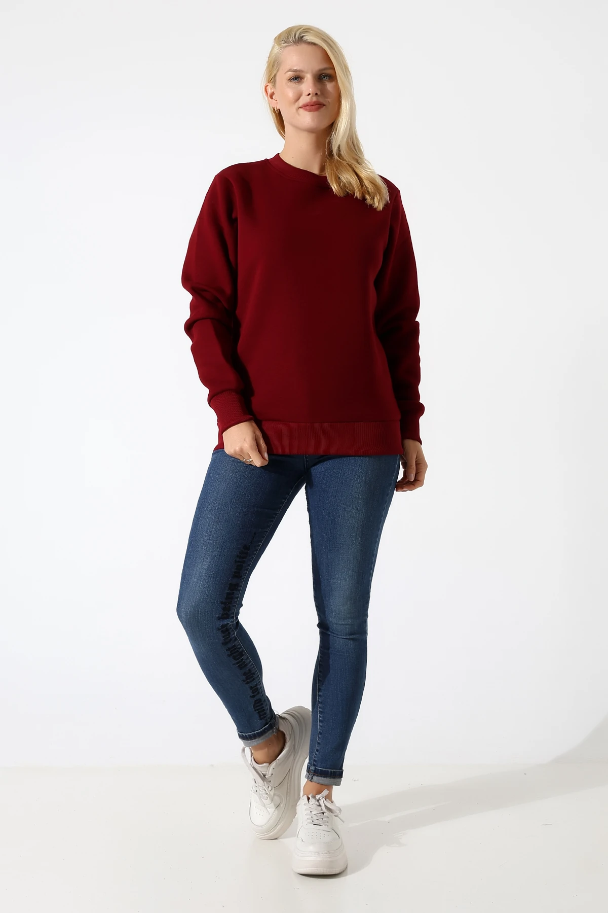 Bordo Üç İplik Kadın Basıc Sweatshirt