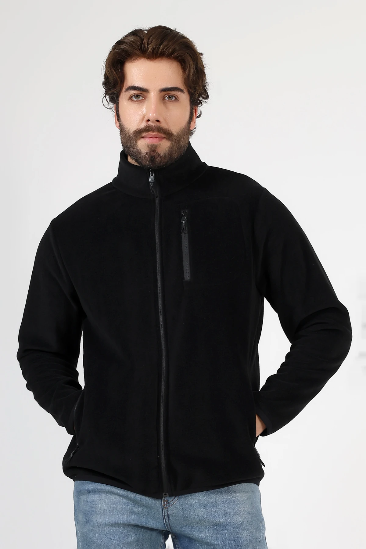 Siyah Fermuarlı Erkek Polar Hırka Anti Pilling Tüylenmez Polar