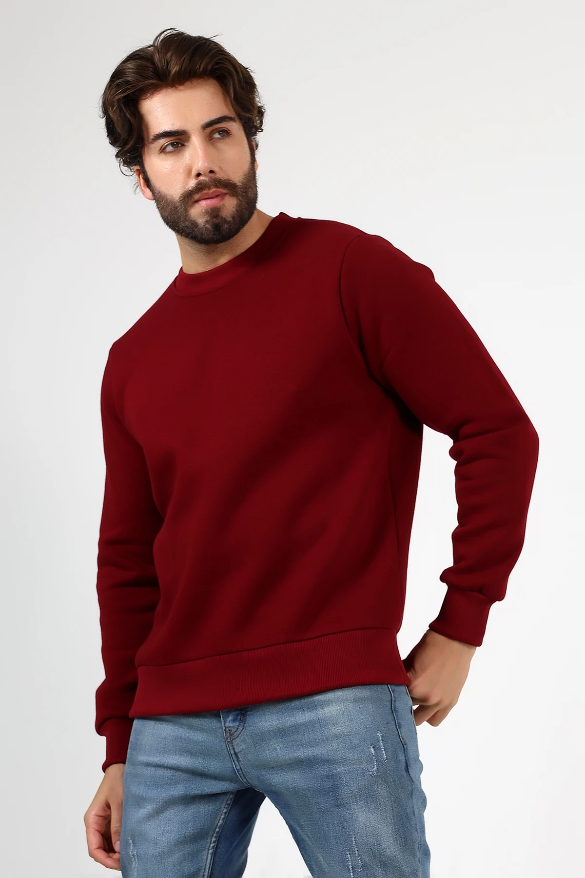 Bordo Erkek Basic Swetshirt Üç İplik Sweat