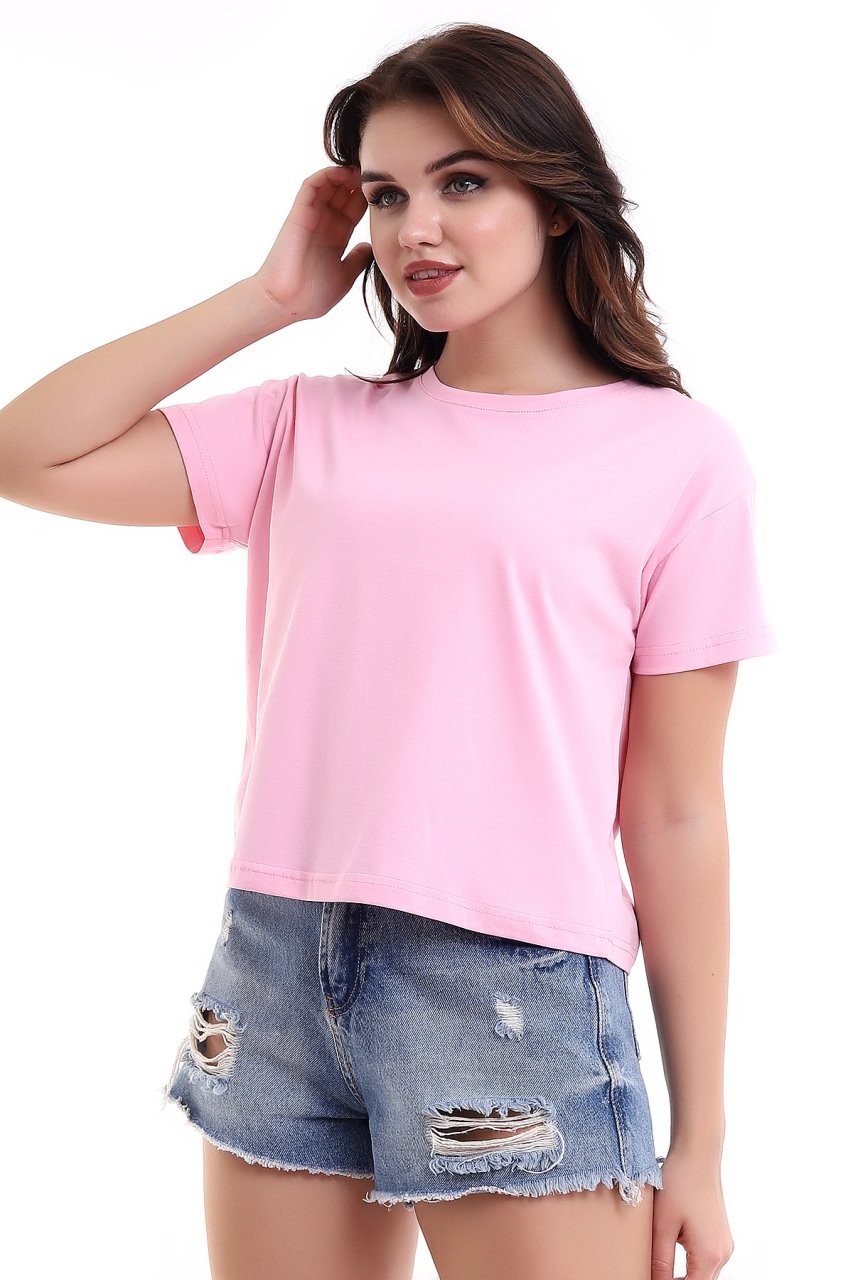 PEMBE KISA KOLLU BOL KESİM BAYAN TİŞÖRT,CROP TİŞÖRT,BİSİKLET YAKA DÜZ RENK TİŞÖRT