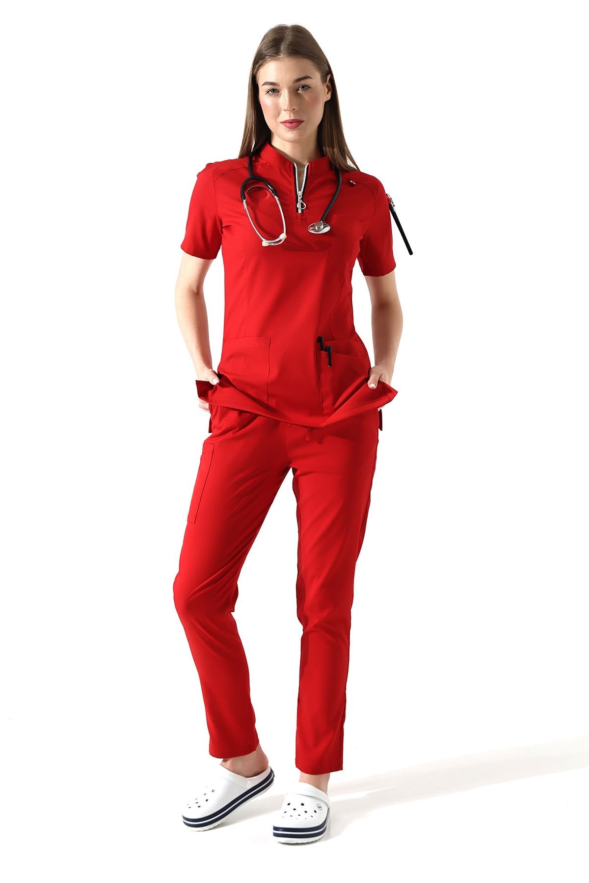 KIRMIZI LİKRALI DOKTOR HEMŞİRE FORMASI