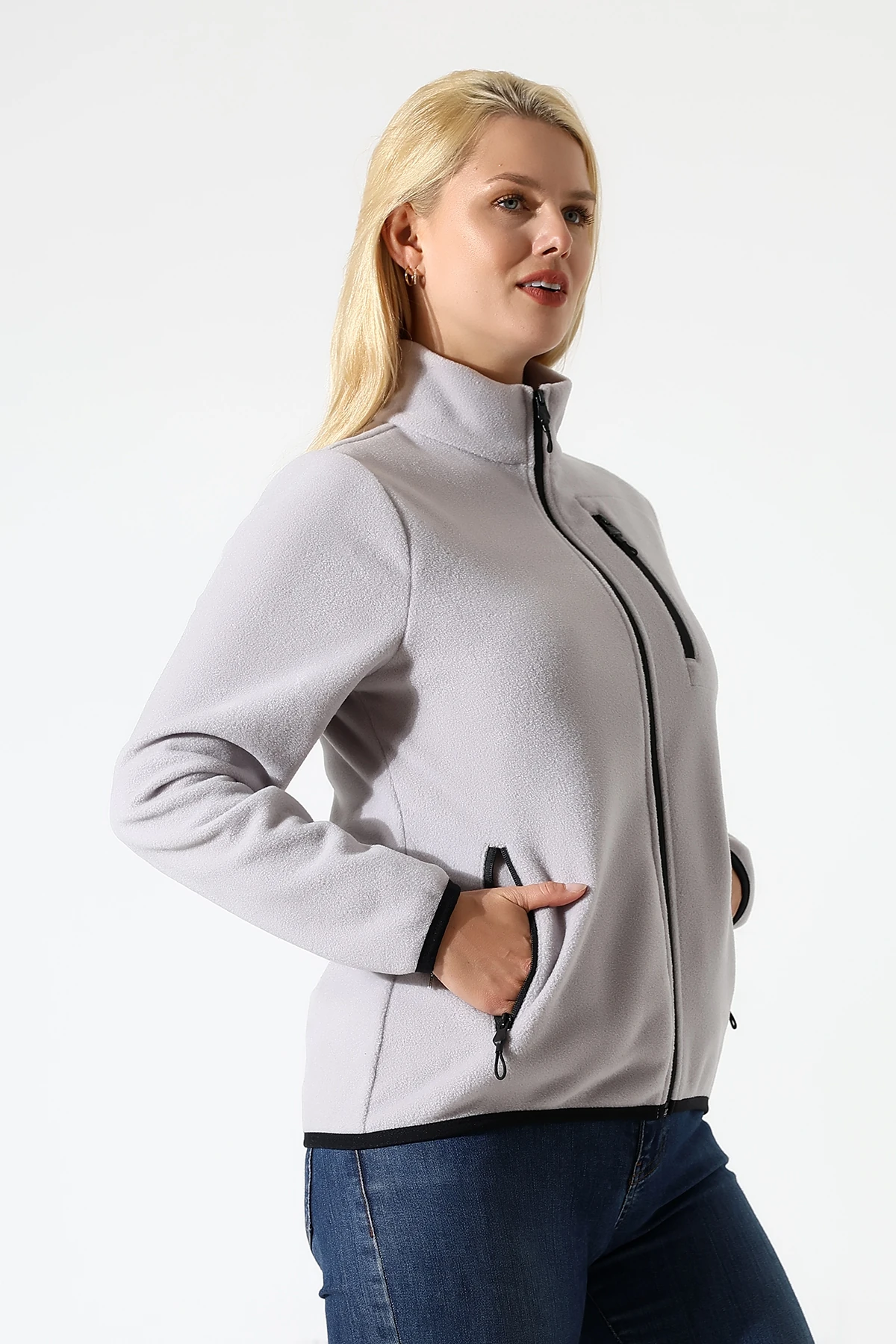 Gri Anti pilling Tüylenmez Polar Fermuarlı Kadın Polar Hırka