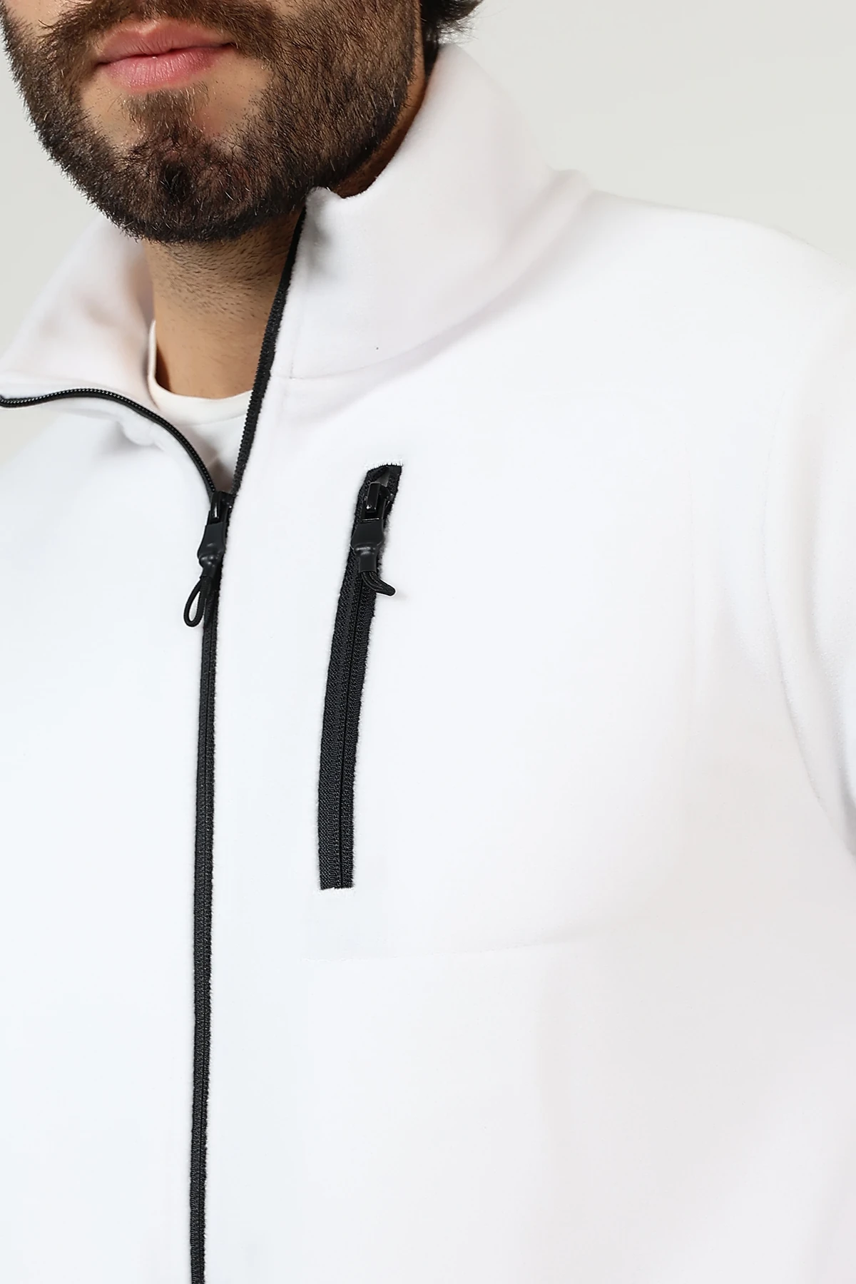 Beyaz Fermuarlı Erkek Polar Hırka 