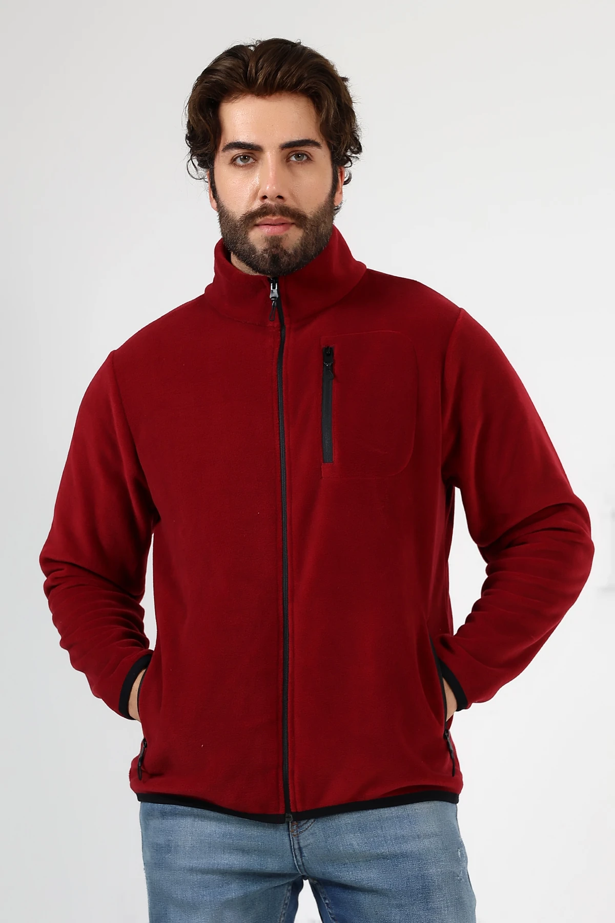 Bordo Fermuarlı Erkek Polar Hırka Anti pilling Tüylenmez Polar