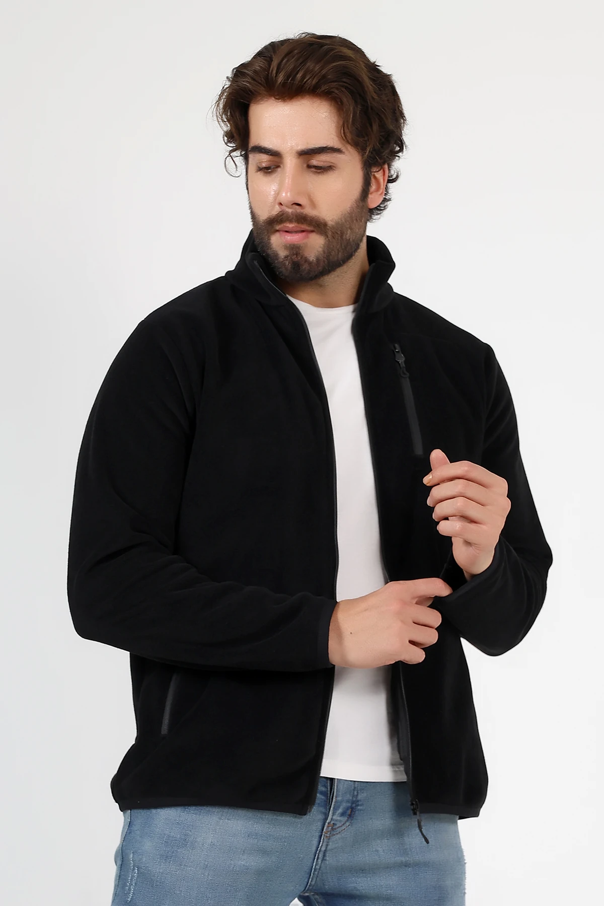 Siyah Fermuarlı Erkek Polar Hırka Anti Pilling Tüylenmez Polar