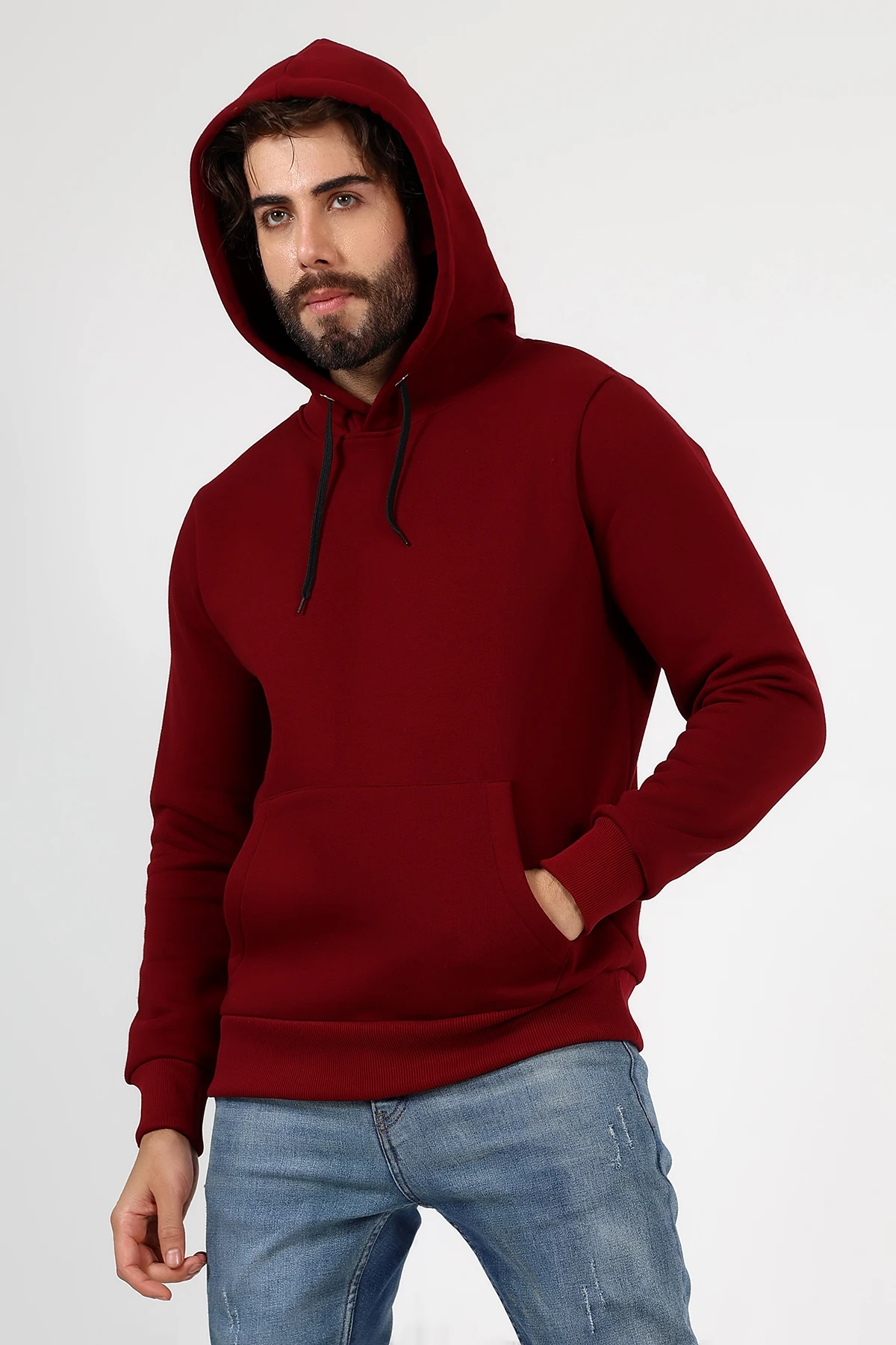 Bordo Kapşonlu Erkek Sweat Çantalı Beduca Sweat