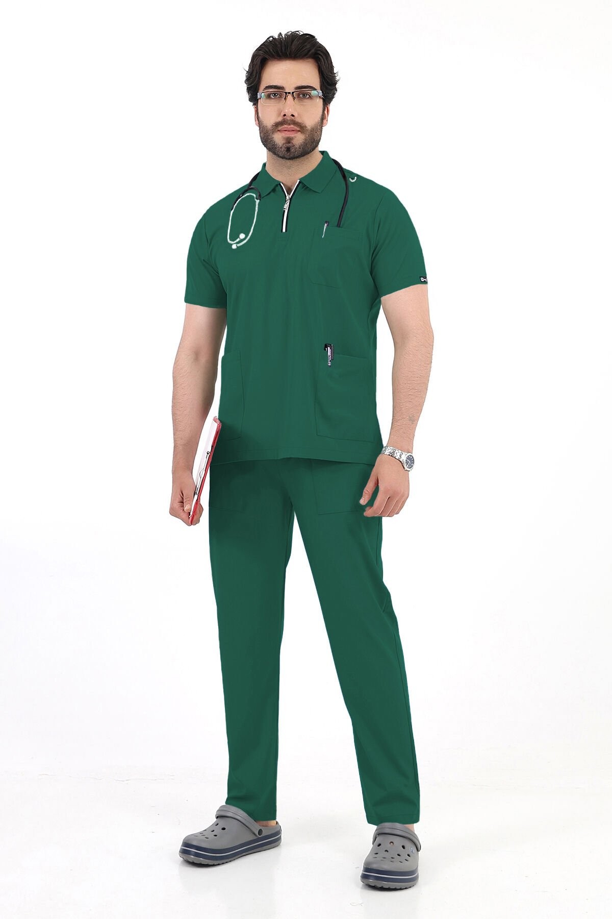 Yeşil Fermuar Detaylı Polo Yaka Erkek scrubs Takım