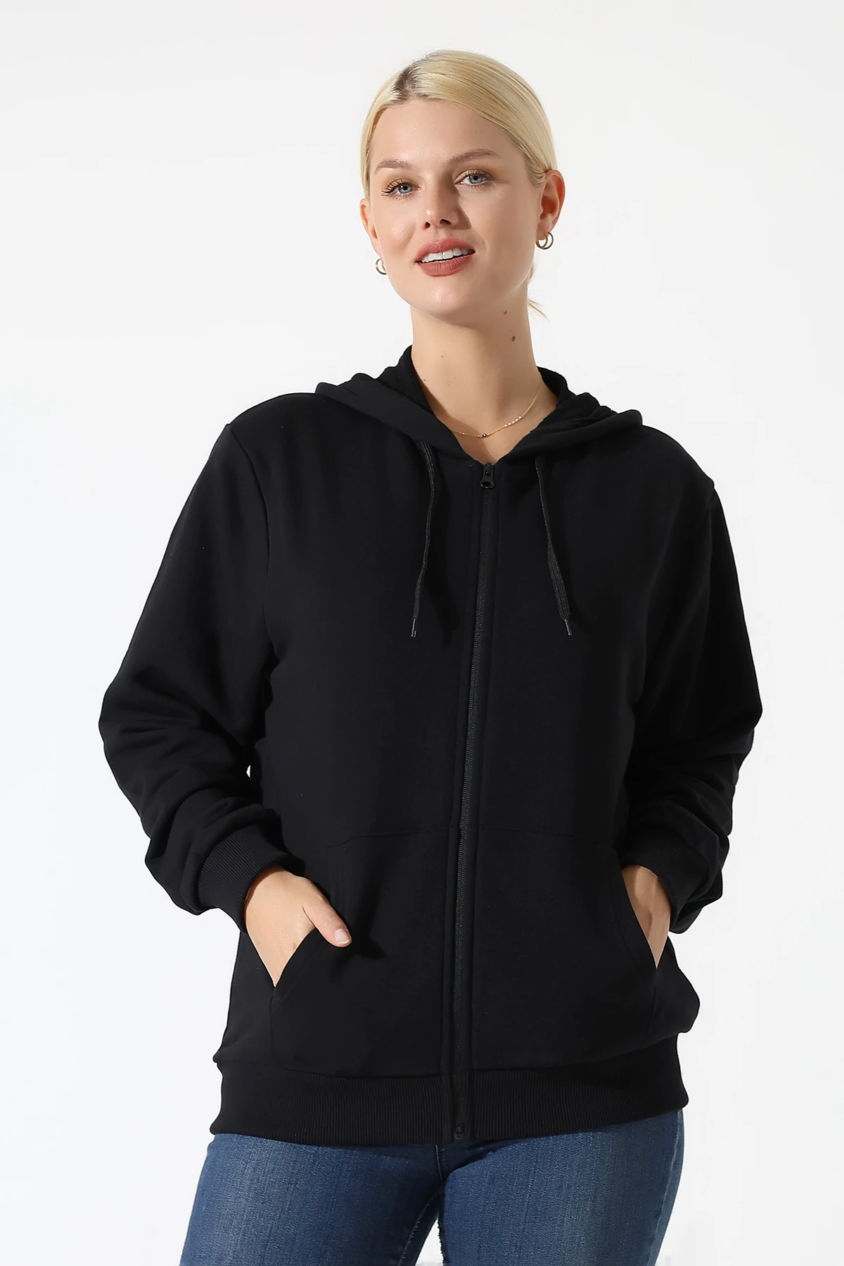  Su Geçirmez Çantalı Siyah Kapşonlu Fermuarlı Kadın Hırka