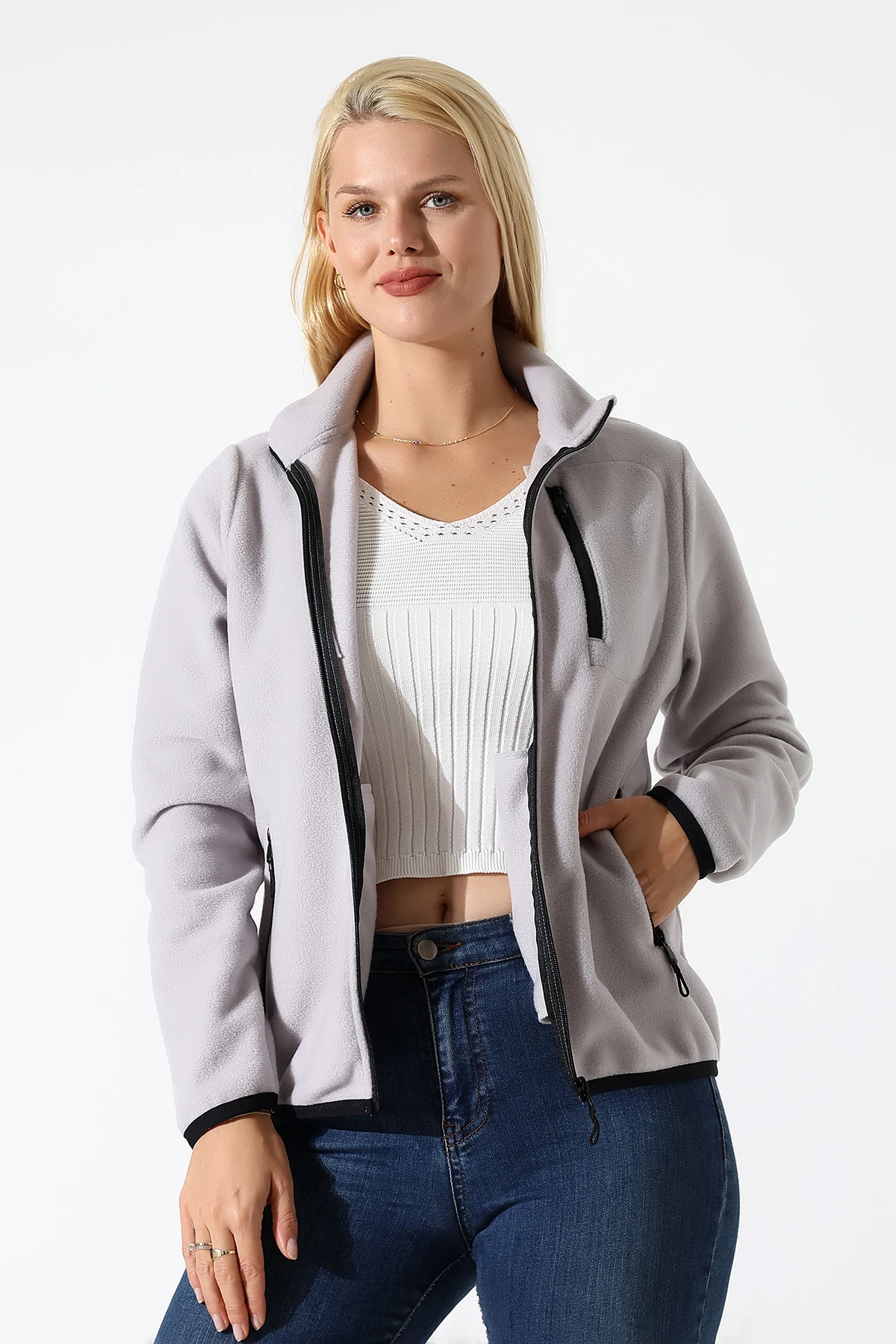 Gri Anti pilling Tüylenmez Polar Fermuarlı Kadın Polar Hırka