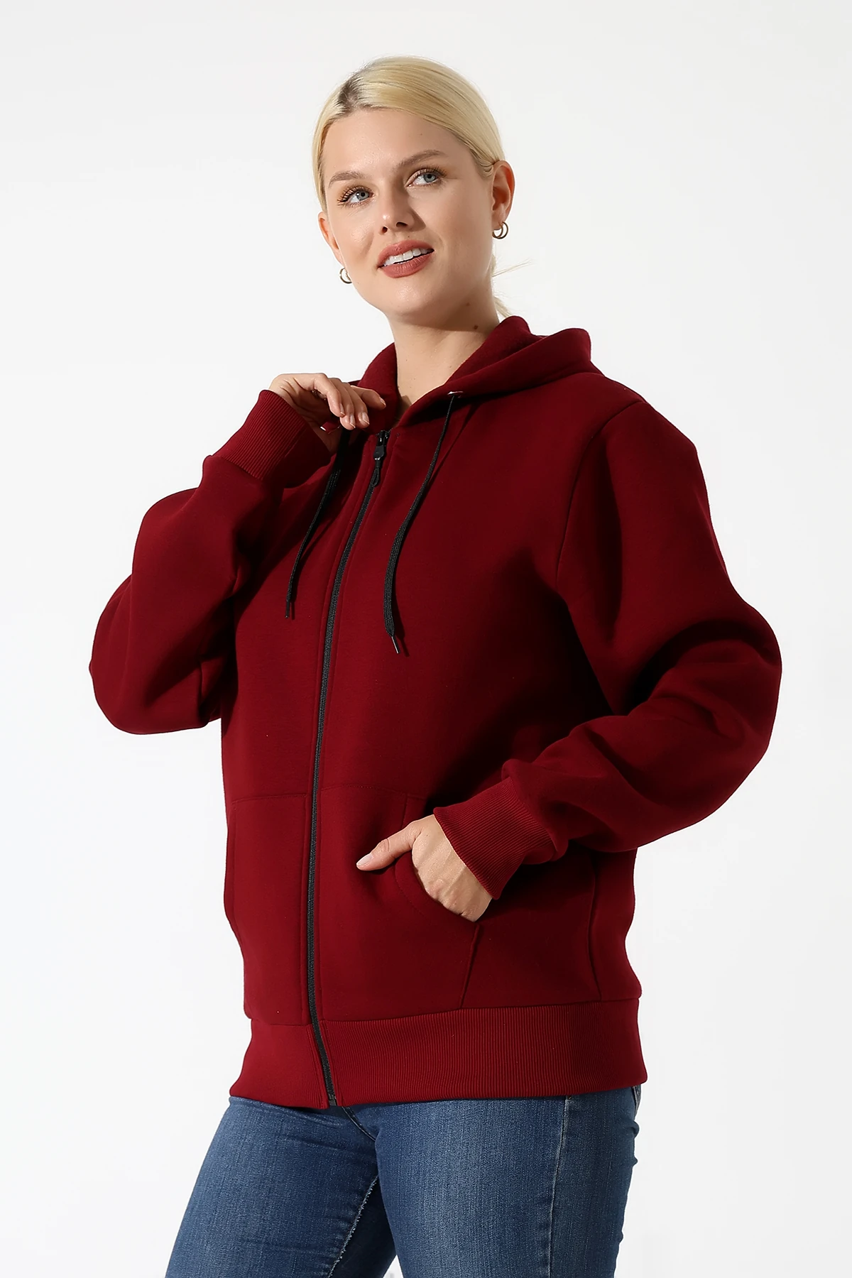 Bordo Kapşonlu Fermuarlı Kadın Hırka Katlanınca Çanta Olan Hırka