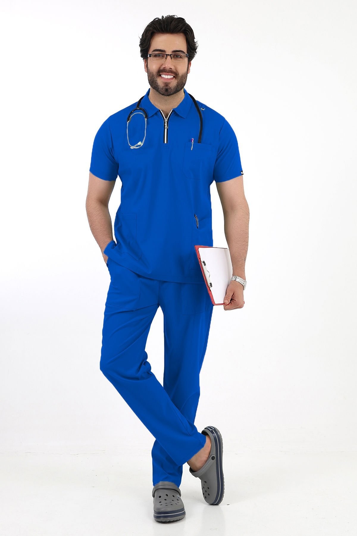 Saks Mavisi Likralı Polo Yaka Fermuarlı Erkek Doktor Hemşire Üniforma Takımı