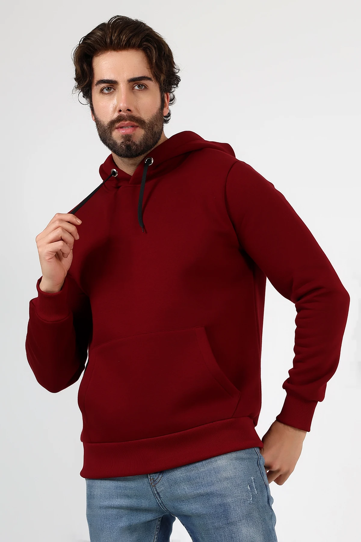 Bordo Kapşonlu Erkek Sweat Çantalı Beduca Sweat