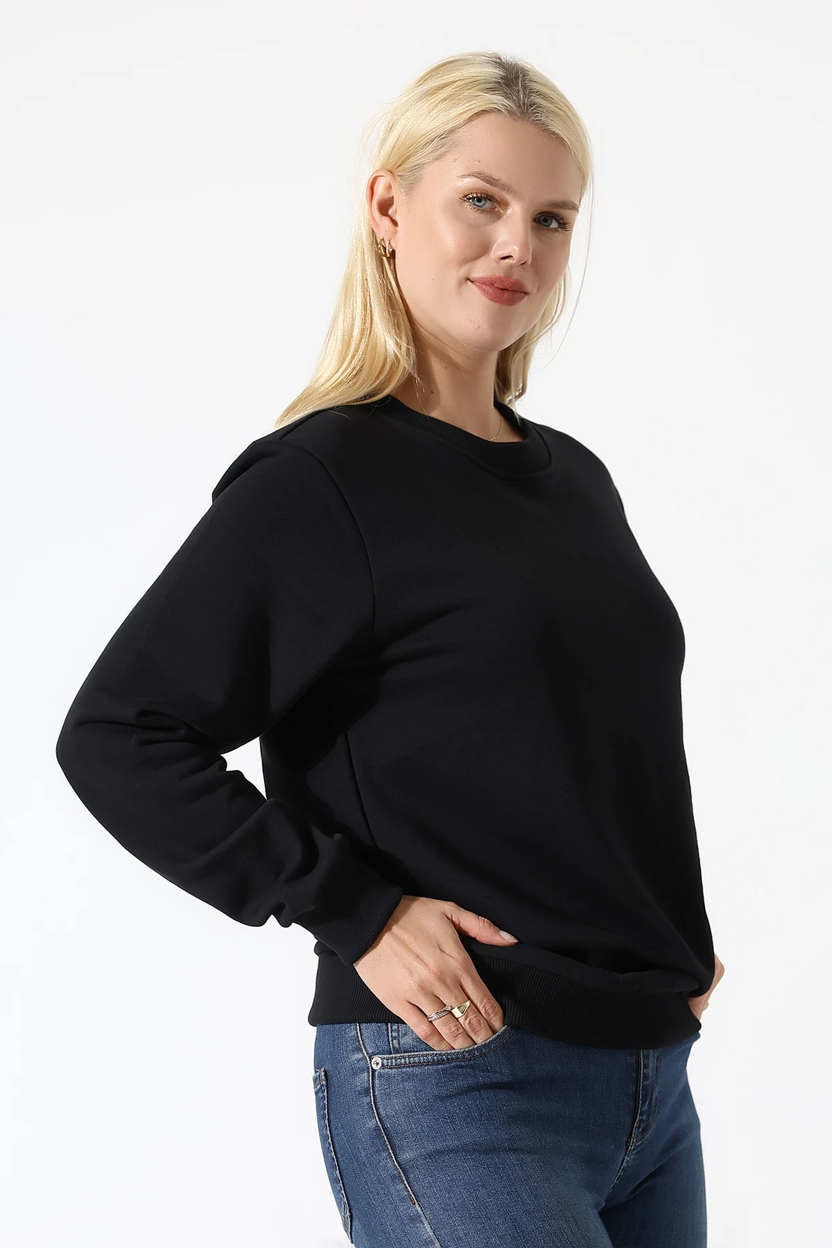 Siyah Üç İplik Kadın Basıc Sweat