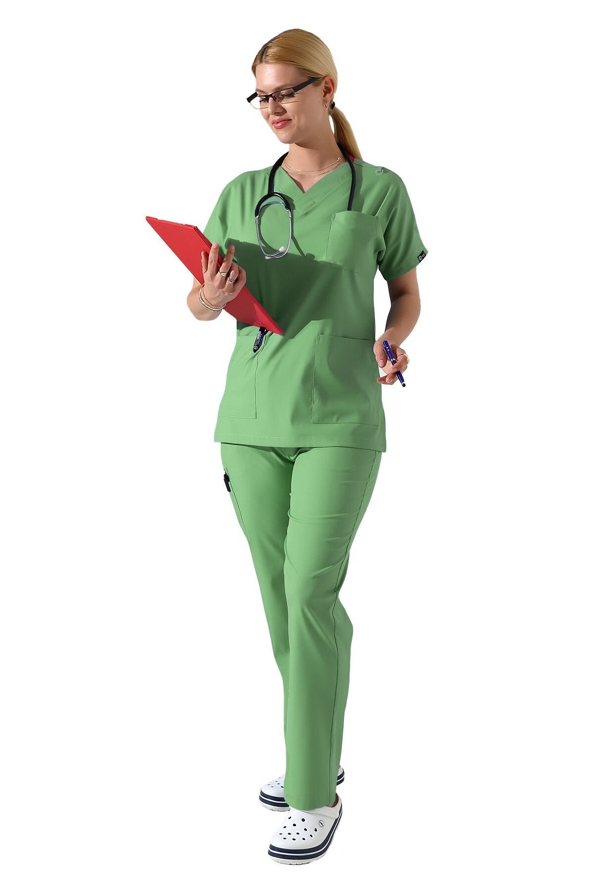 Dr Greys V Yaka Yarasa Kol Kadın Scrubs Takımı, Büyük Beden Scrubs