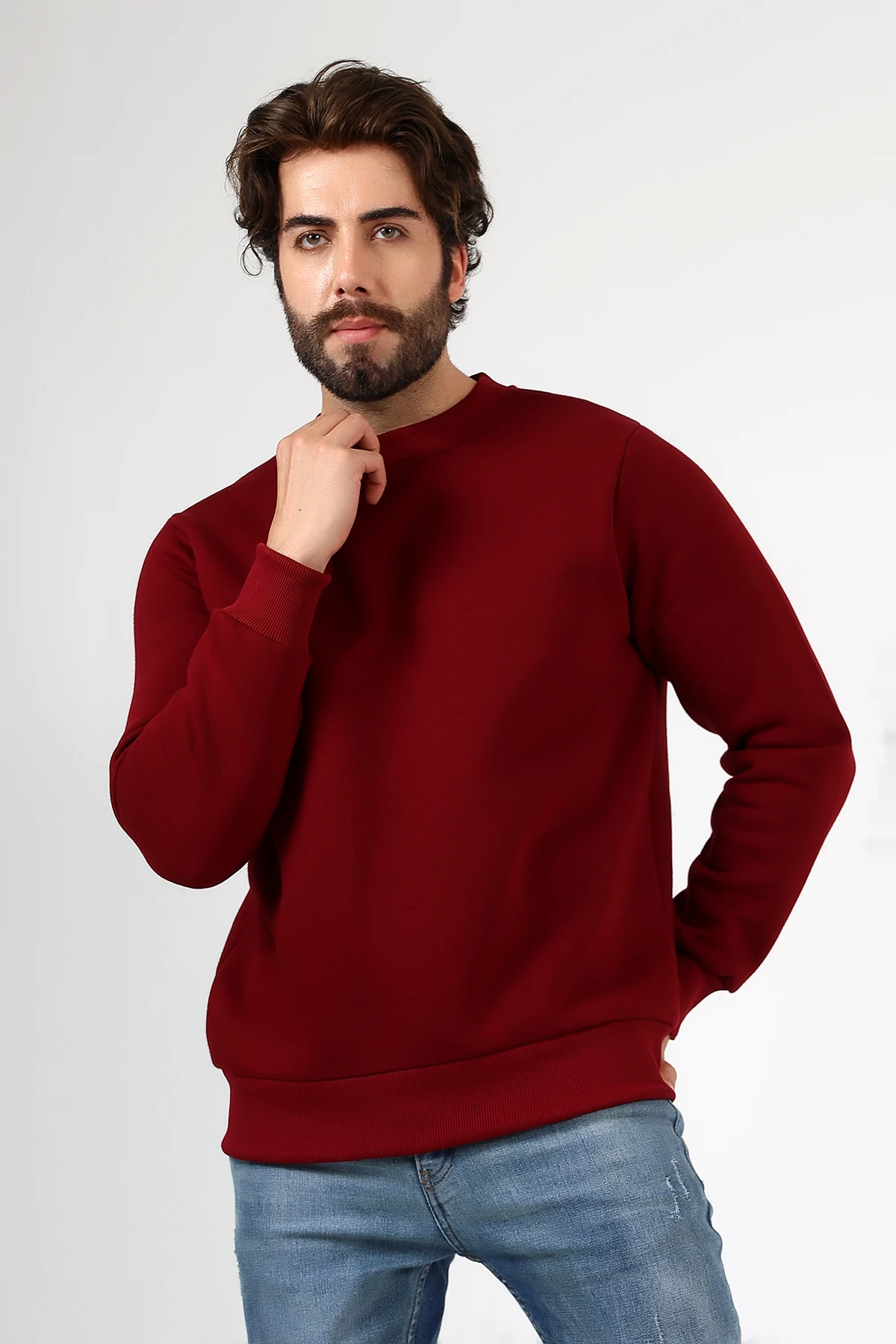 Bordo Erkek Basic Swetshirt Üç İplik Sweat