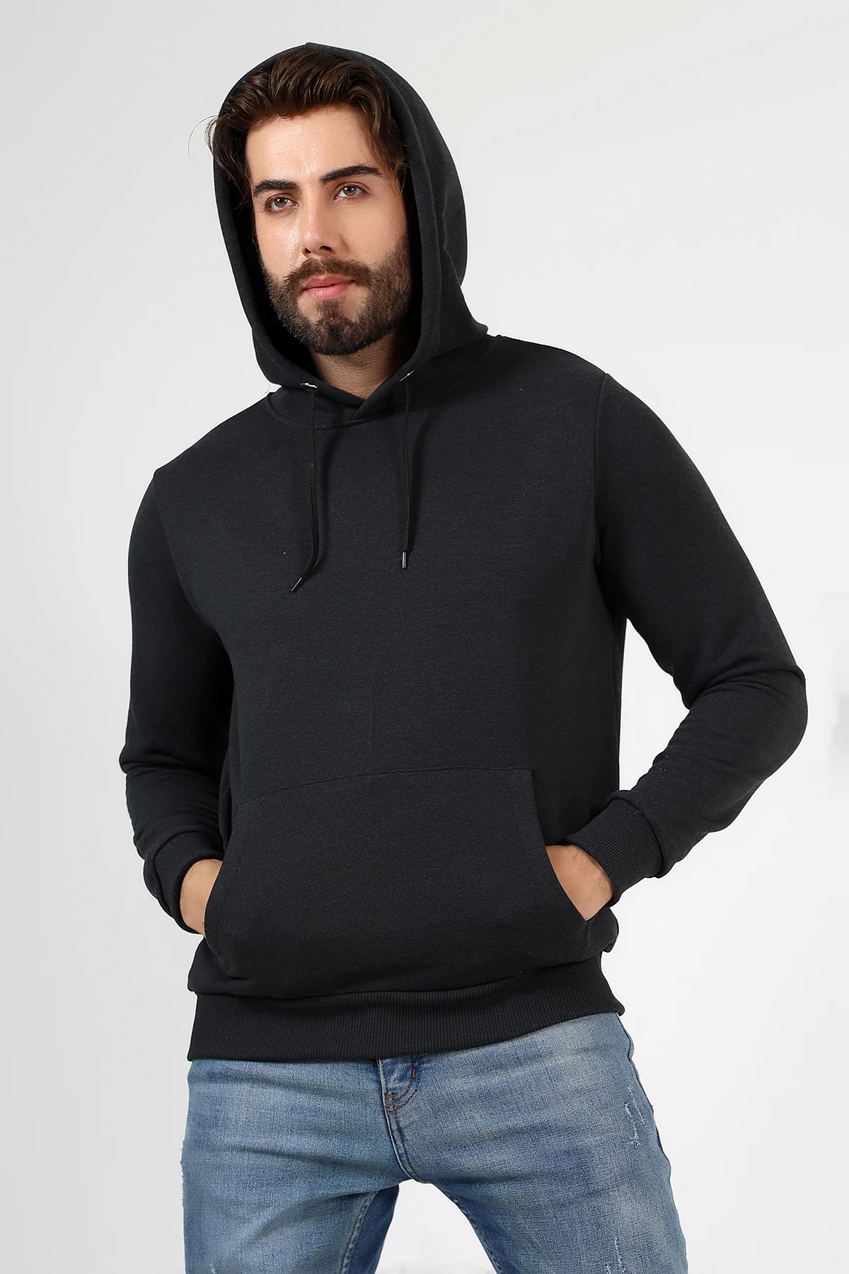 Antrasit Kapşonlu Erkek Sweat Çantalı Beduca Sweat