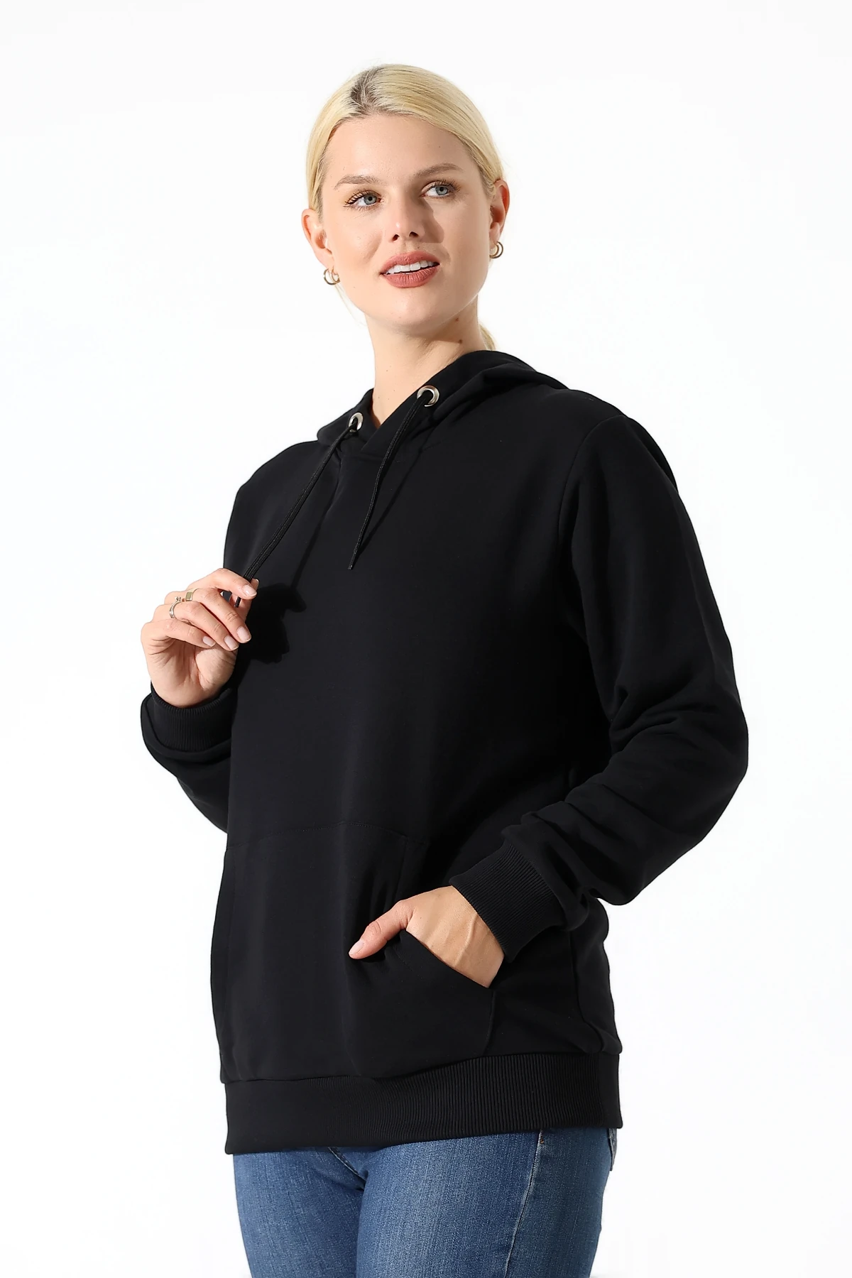 Siyah Kapşonlu Kadın Sweat Katlanınca Çanta Olan Sweat