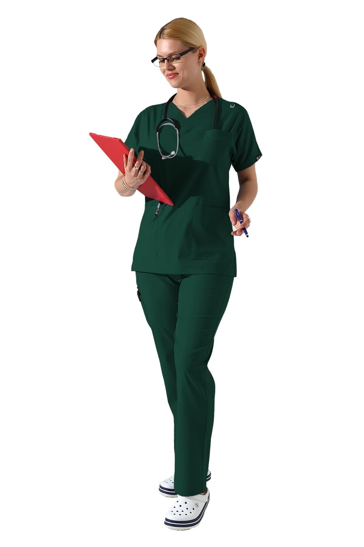 Yeşil Dr Greys V Yaka Yarasa Kol Kadın Scrubs Takımı, Büyük Beden Scrubs