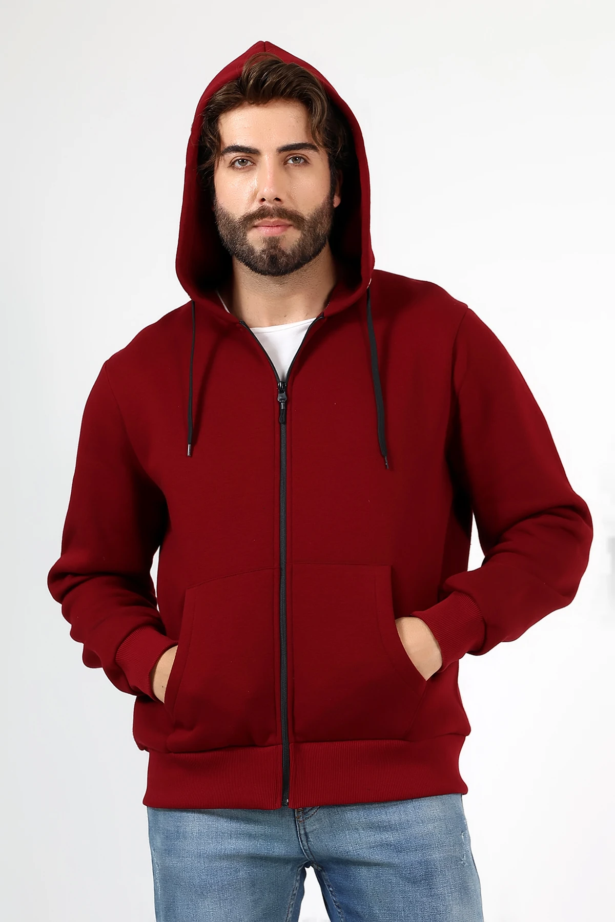 Bordo Fermuarlı Erkek Sweat Katlanınca Çantaya Dönüşen Beduca Sweat
