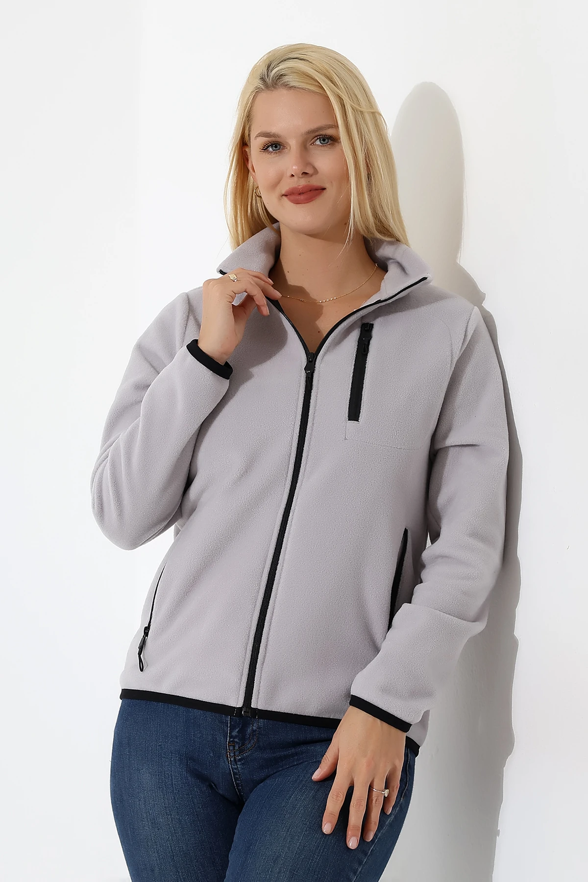 Gri Anti pilling Tüylenmez Polar Fermuarlı Kadın Polar Hırka