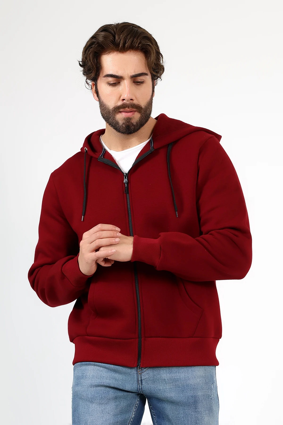 Bordo Fermuarlı Erkek Sweat Katlanınca Çantaya Dönüşen Beduca Sweat